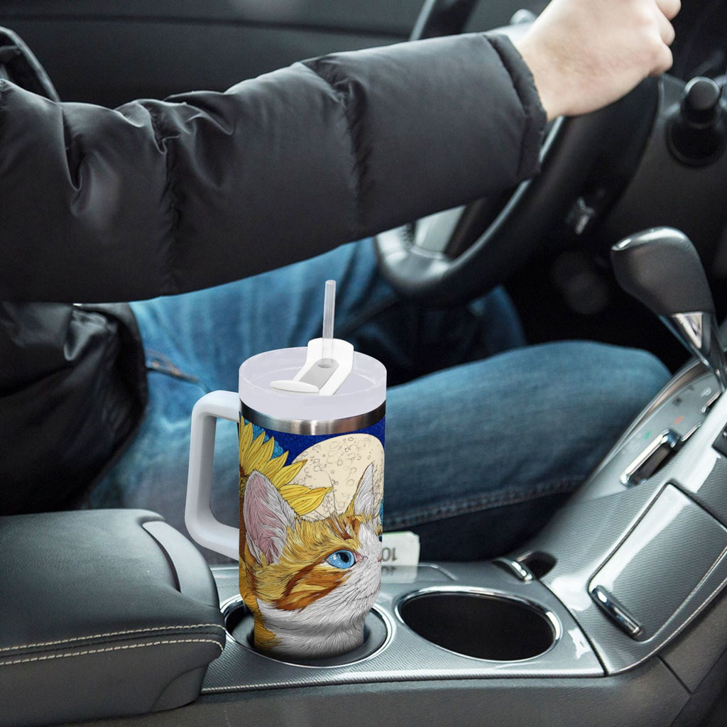 40 oz Insulated Stainless Steel Tumbler Double Wall Stainless Steel Tumbler with 2-Way Drinking Cat Lies in The Sunflowers - IUWO