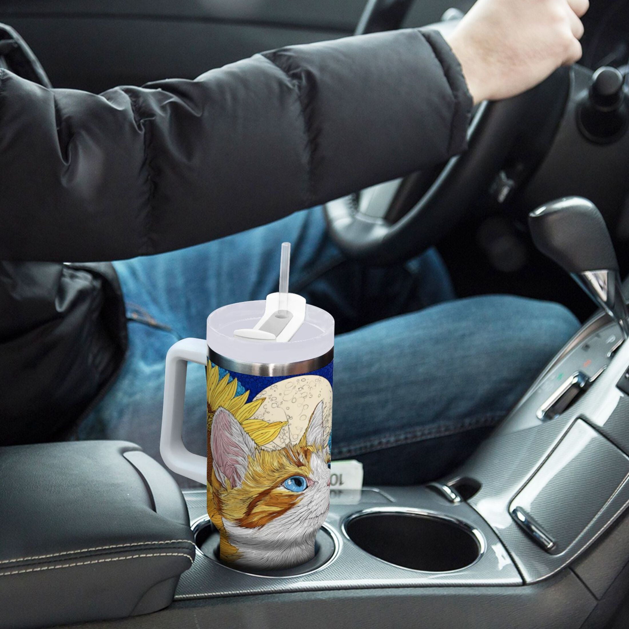 40 oz Insulated Stainless Steel Tumbler Double Wall Stainless Steel Tumbler with 2-Way Drinking Cat Lies in The Sunflowers - IUWO