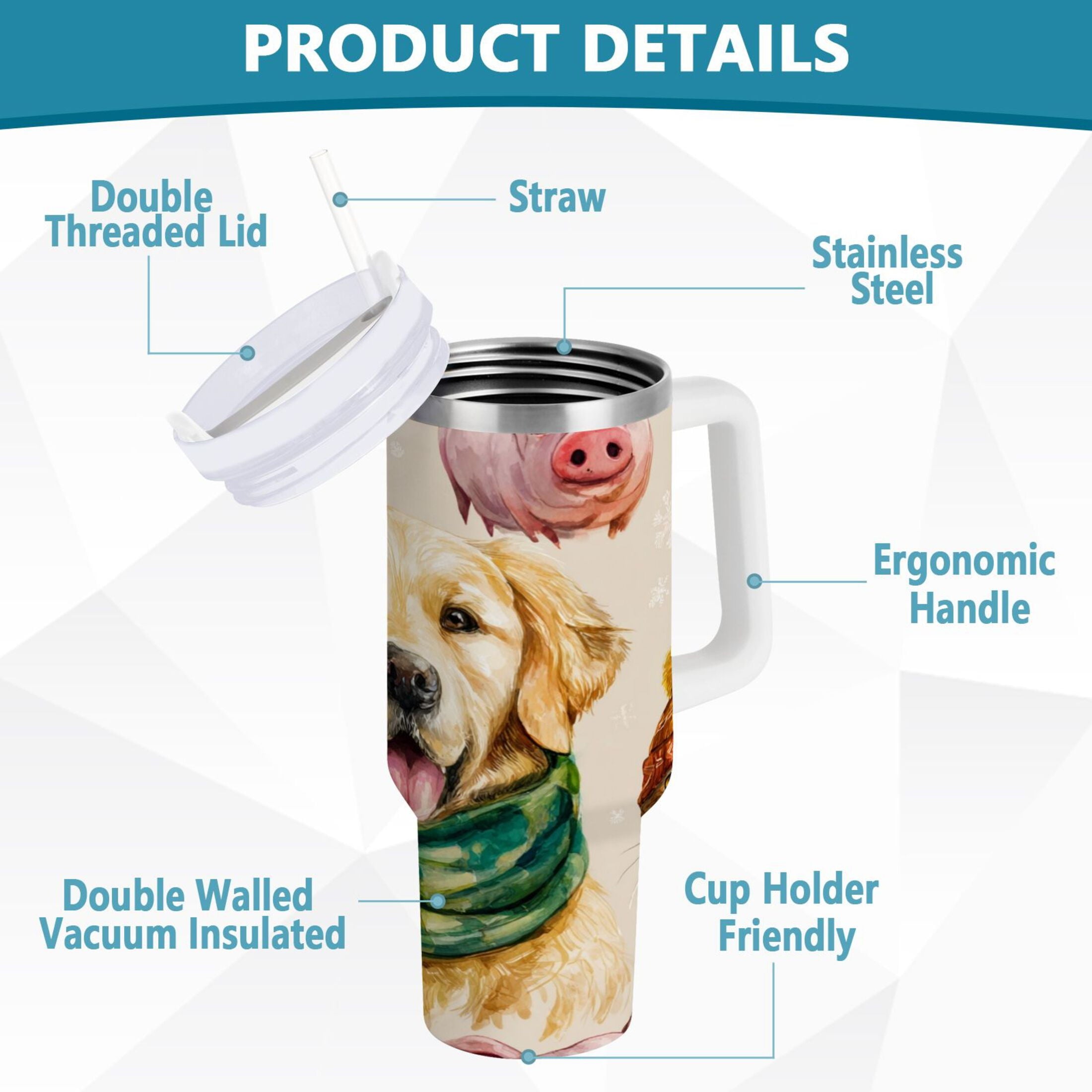 30 oz Insulated Stainless Steel Tumbler Double Wall Stainless Steel Tumbler with 2-Way Drinking Watercolor Animals Pattern - YTG7
