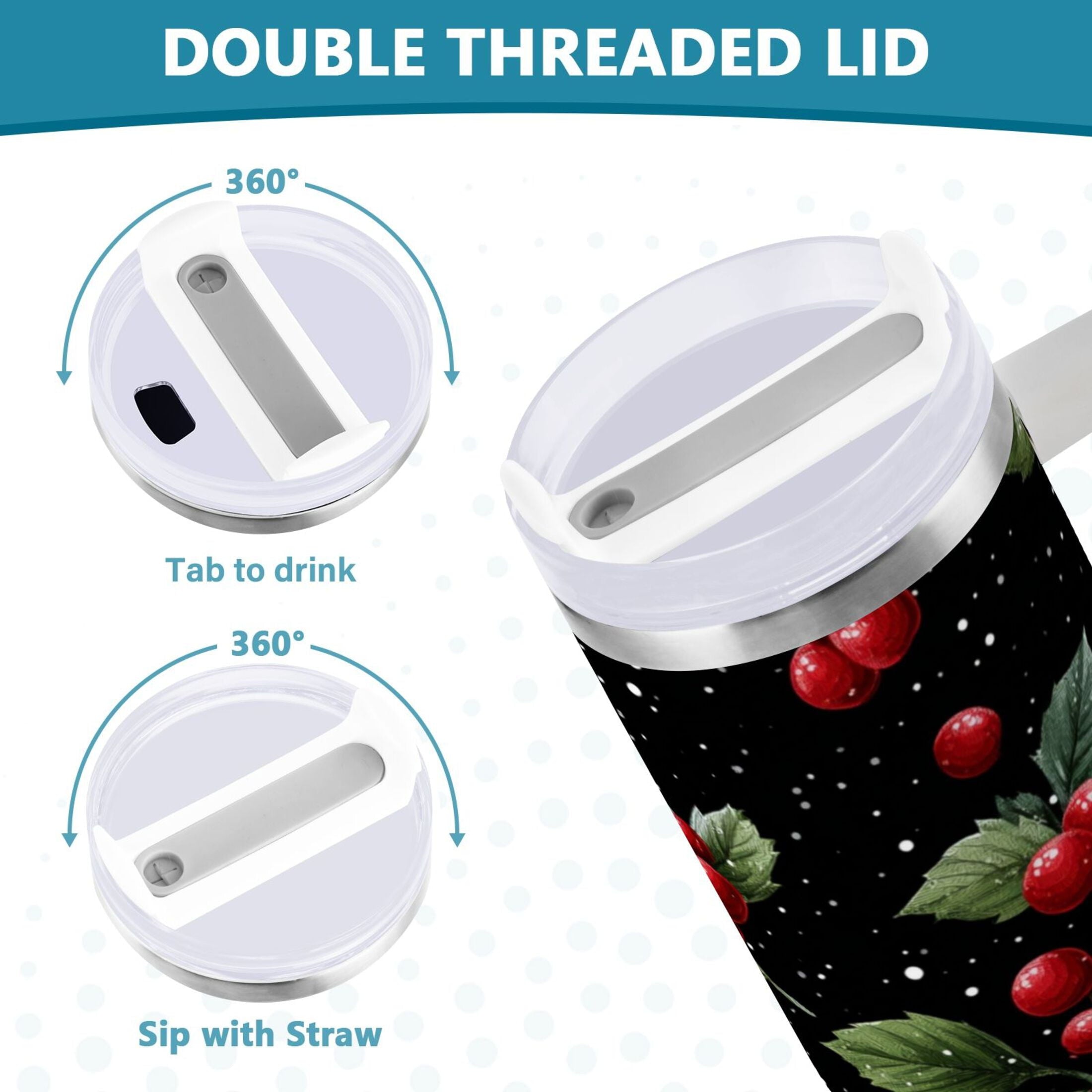 40 oz Insulated Stainless Steel Tumbler Double Wall Stainless Steel Tumbler with 2-Way Drinking Red Holly Berries Pattern - 130P