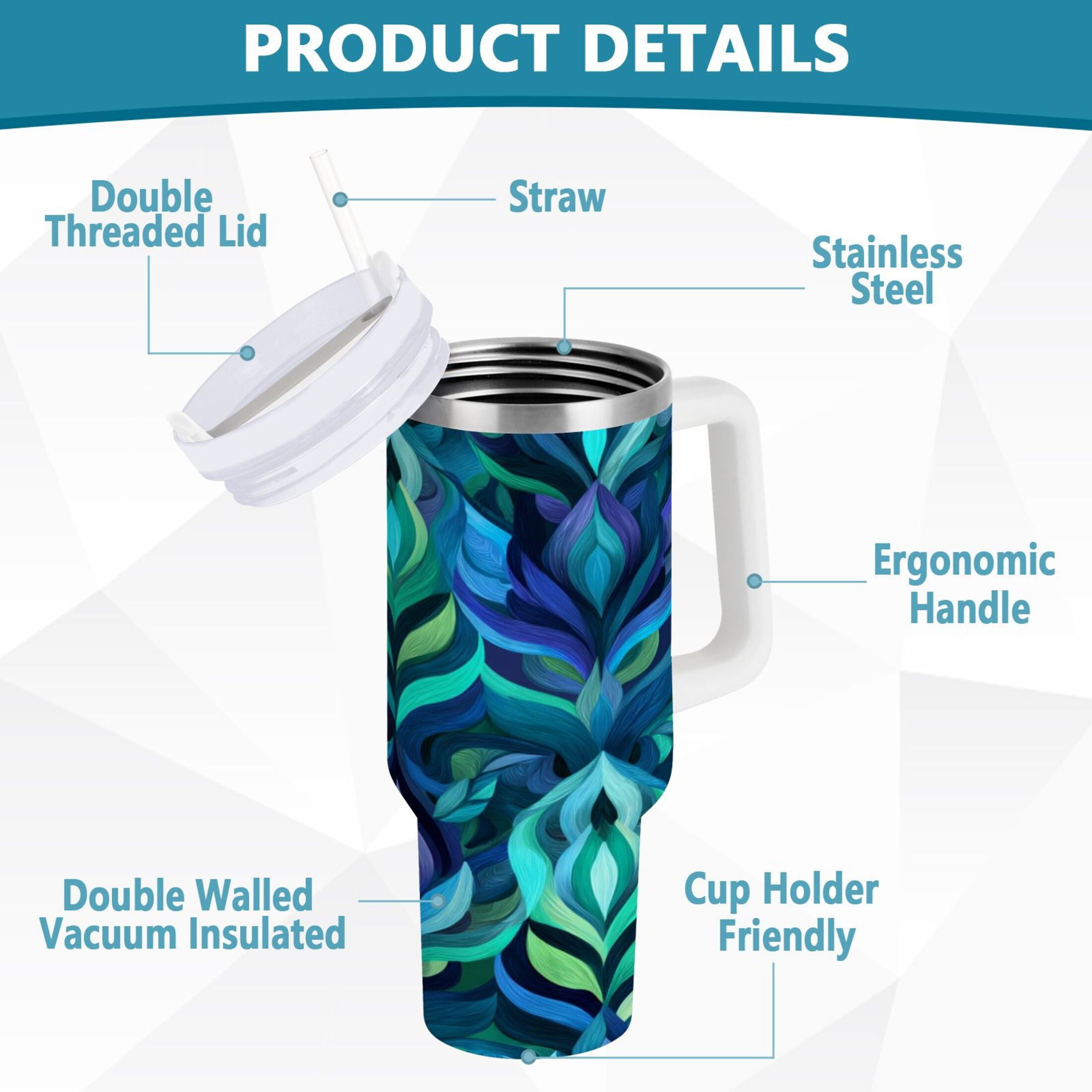 40 oz Insulated Stainless Steel Tumbler Double Wall Stainless Steel Tumbler with 2-Way Drinking Elegant Blue Abstract Shapes - FWFT