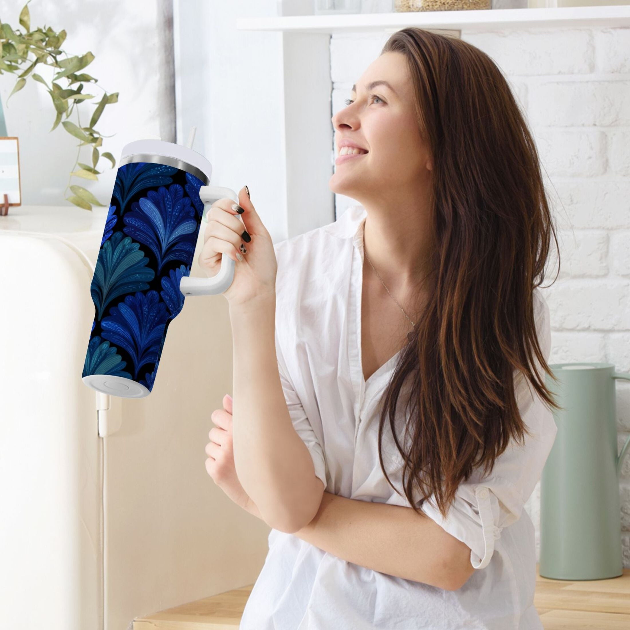 30 oz Insulated Stainless Steel Tumbler Double Wall Stainless Steel Tumbler with 2-Way Drinking Blue Batik Leaves Pattern - HXC9