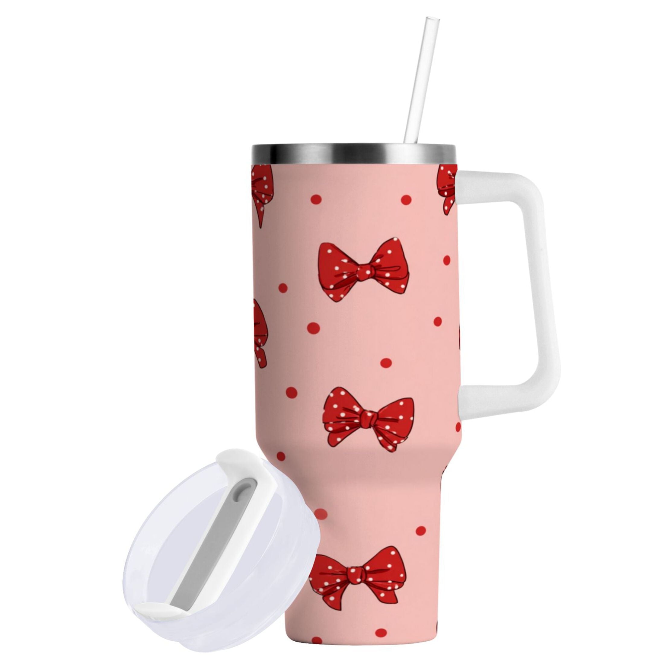 40 oz Insulated Stainless Steel Tumbler Double Wall Stainless Steel Tumbler with 2-Way Drinking Red Bows and Polka Dots - 3CF0