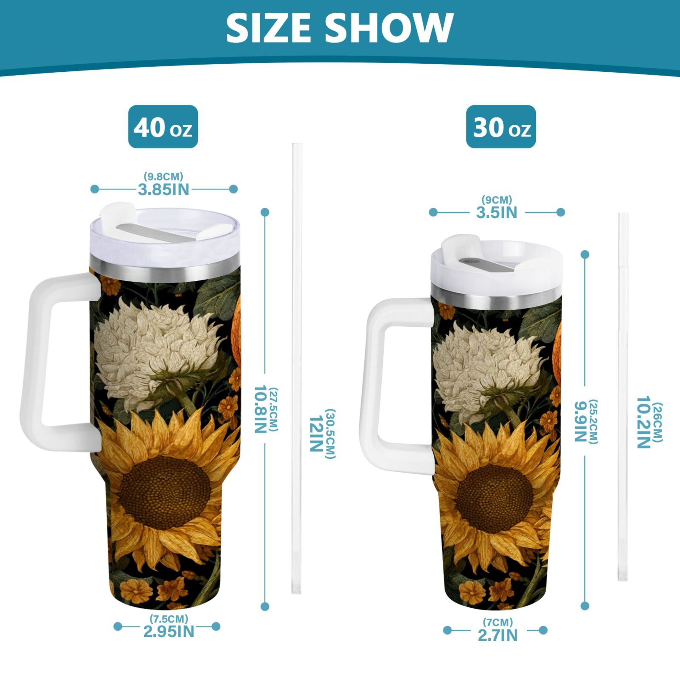 40 oz Insulated Stainless Steel Tumbler Double Wall Stainless Steel Tumbler with 2-Way Drinking Pumpkins and Sunflowers Pattern - 8WLD