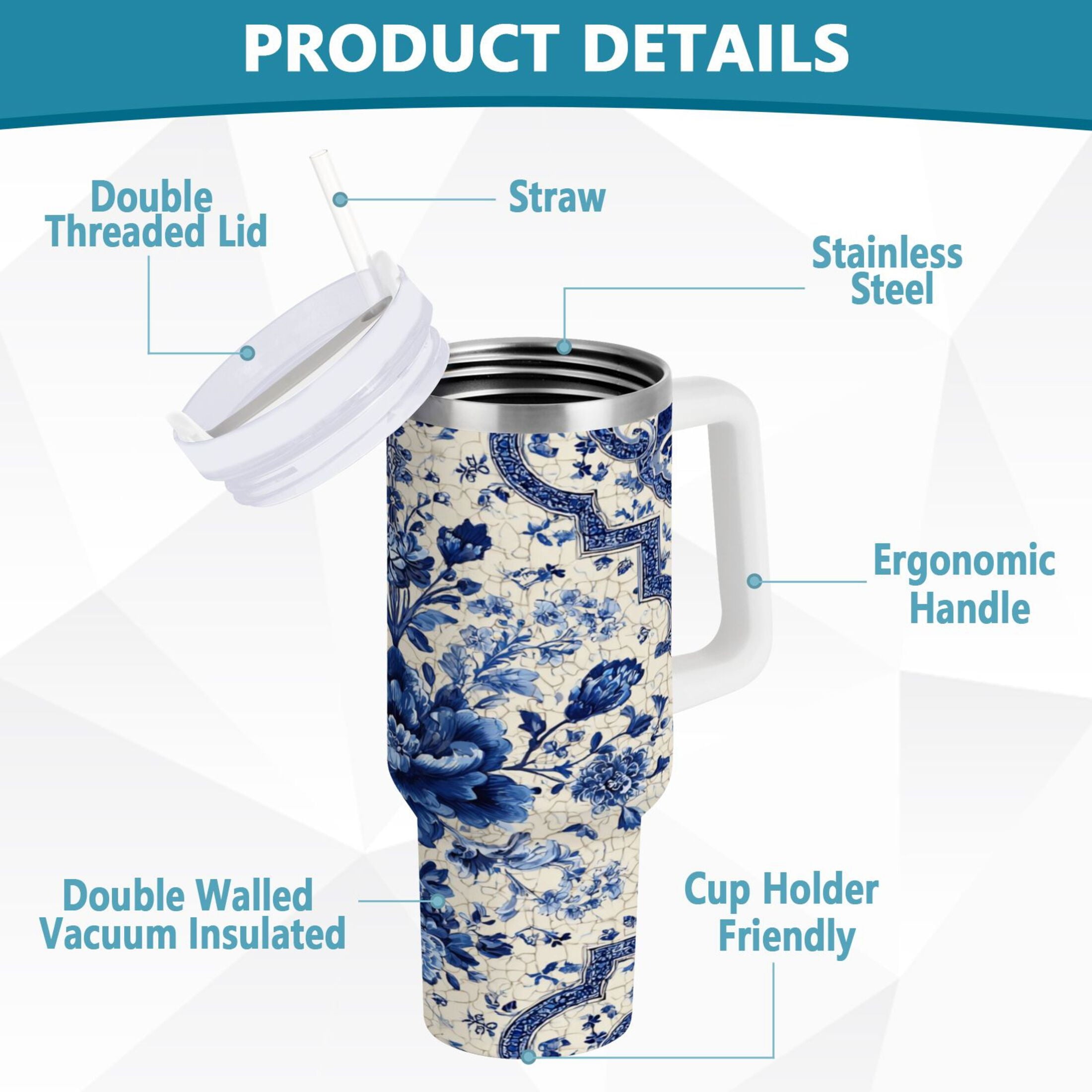 30 oz Insulated Stainless Steel Tumbler Double Wall Stainless Steel Tumbler with 2-Way Drinking Blue and White Porcelain-style - 4WF2