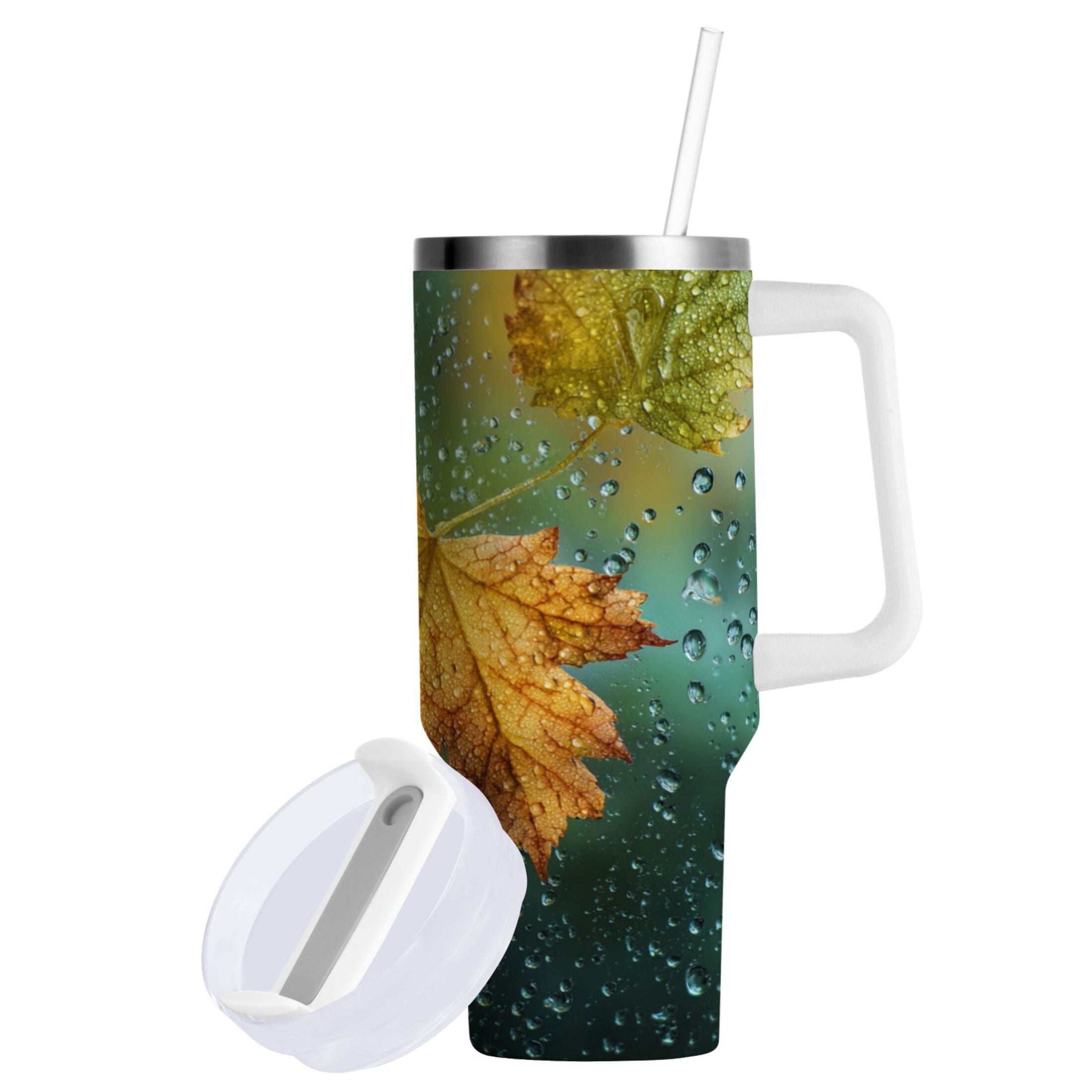 30 oz Insulated Stainless Steel Tumbler Double Wall Stainless Steel Tumbler with 2-Way Drinking Leaves with Water Droplets - 57M5