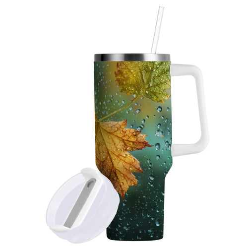 30 oz Insulated Stainless Steel Tumbler Double Wall Stainless Steel Tumbler with 2-Way Drinking Leaves with Water Droplets - 57M5