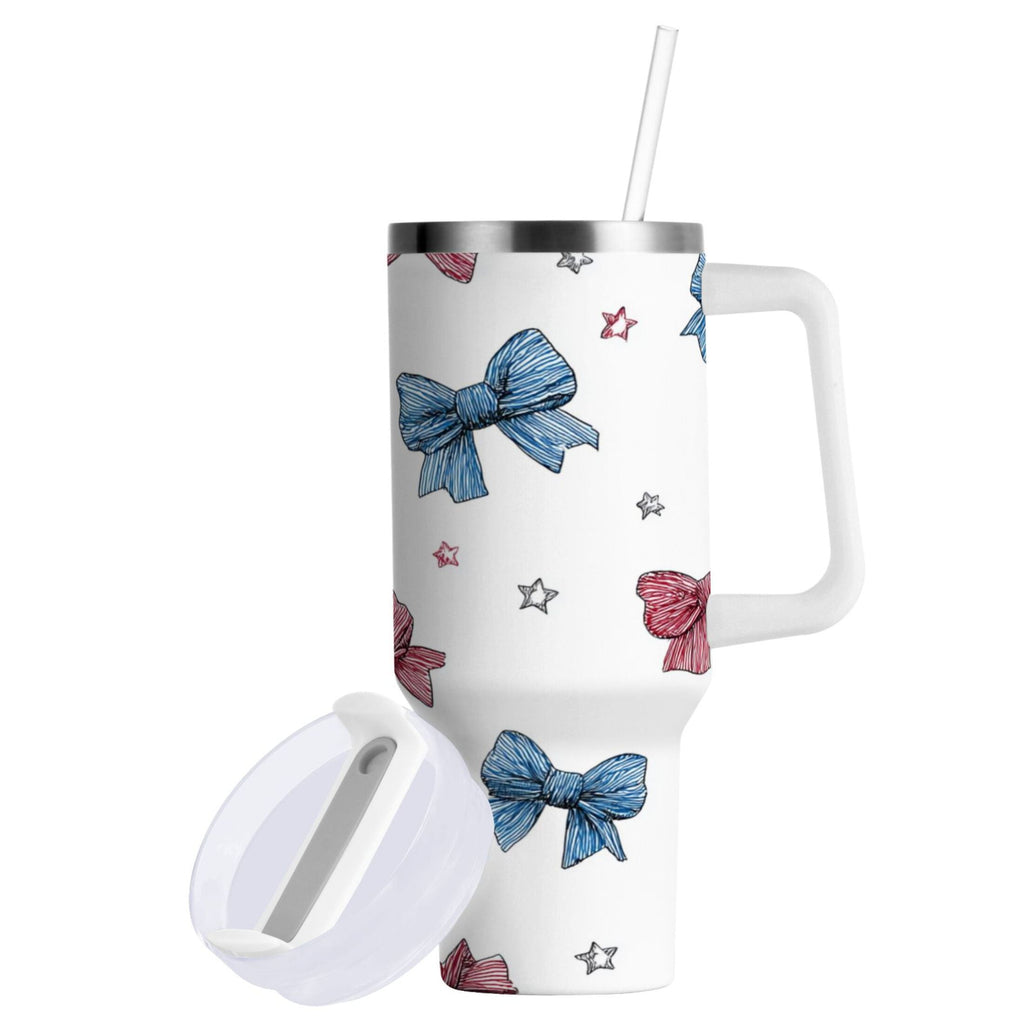 40 oz Insulated Stainless Steel Tumbler Double Wall Stainless Steel Tumbler with 2-Way Drinking Red and Blue Stripes Bows - DNYA