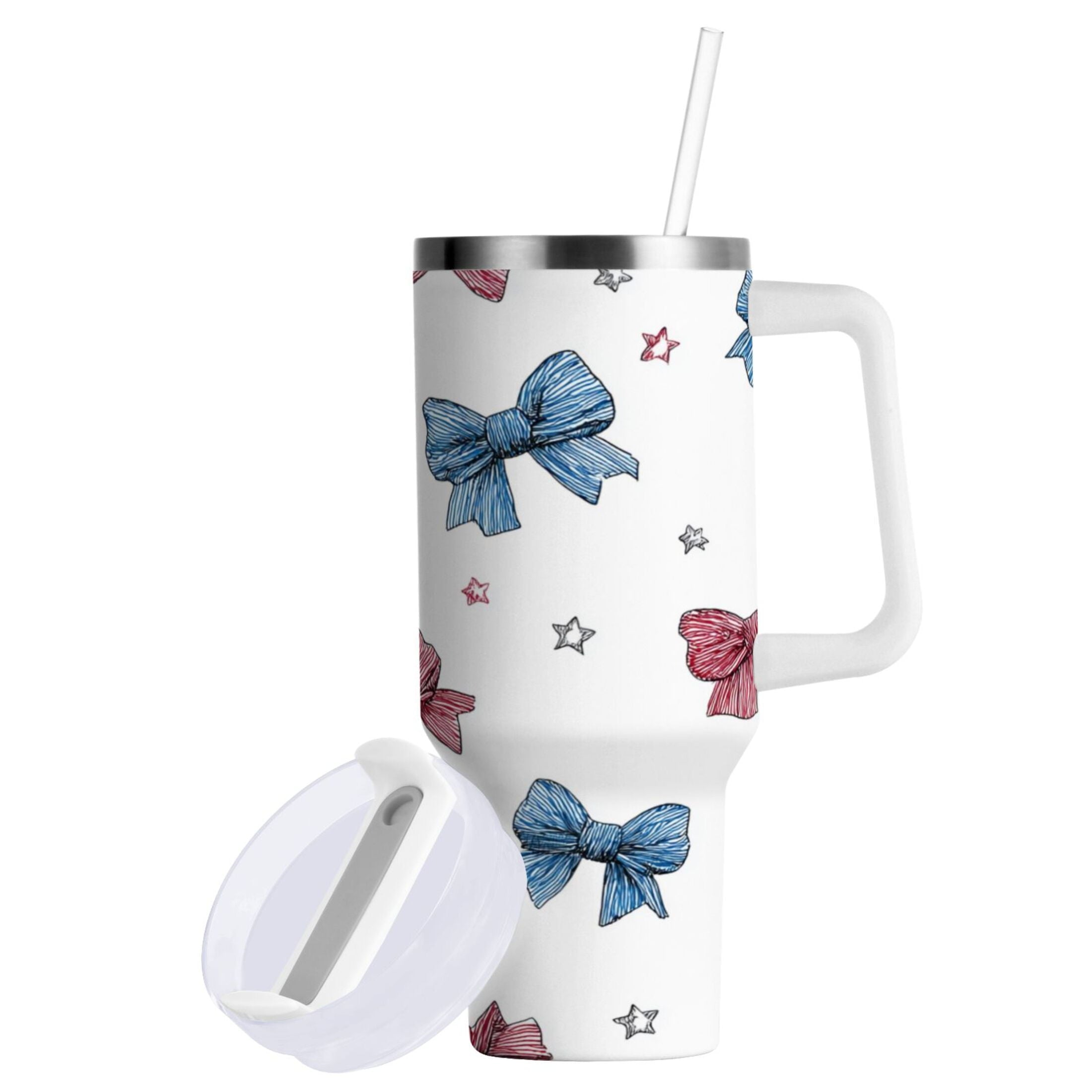 40 oz Insulated Stainless Steel Tumbler Double Wall Stainless Steel Tumbler with 2-Way Drinking Red and Blue Stripes Bows - DNYA
