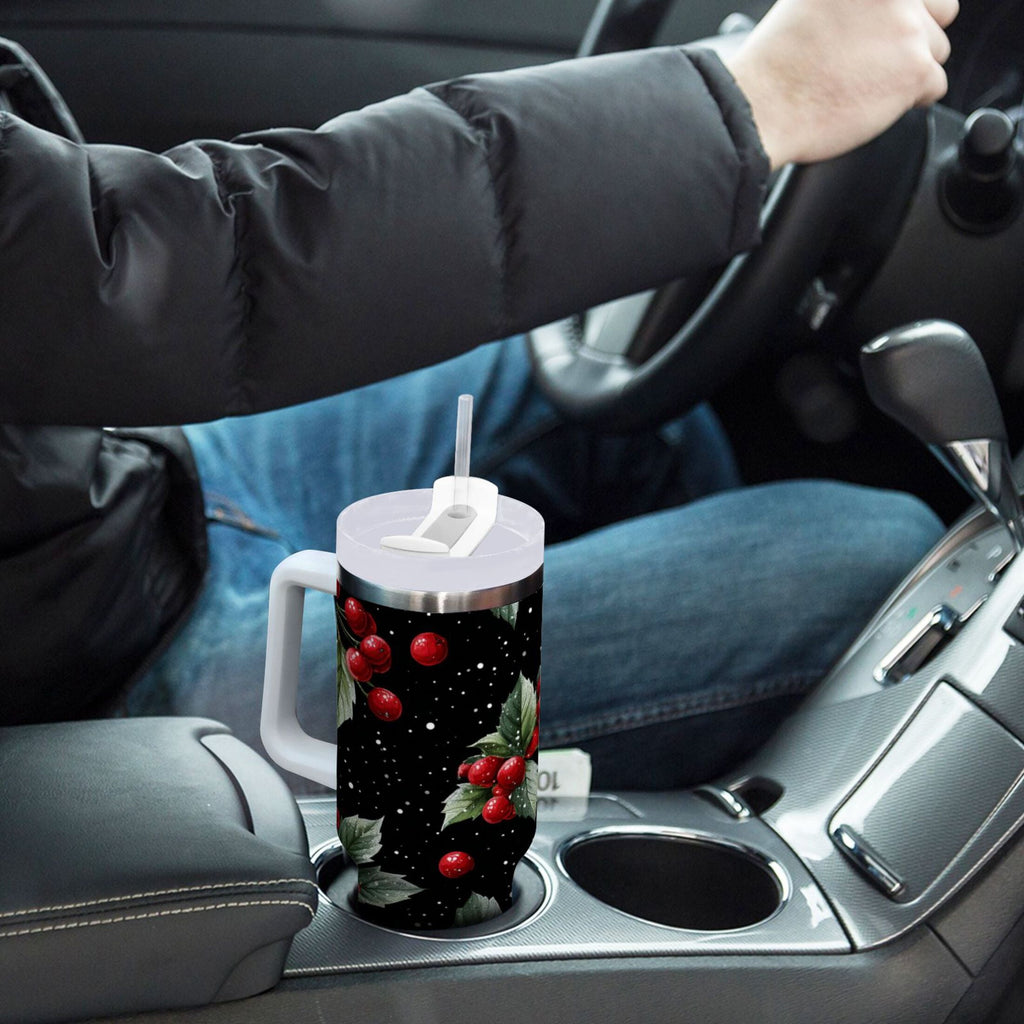 40 oz Insulated Stainless Steel Tumbler Double Wall Stainless Steel Tumbler with 2-Way Drinking Red Holly Berries Pattern - 130P