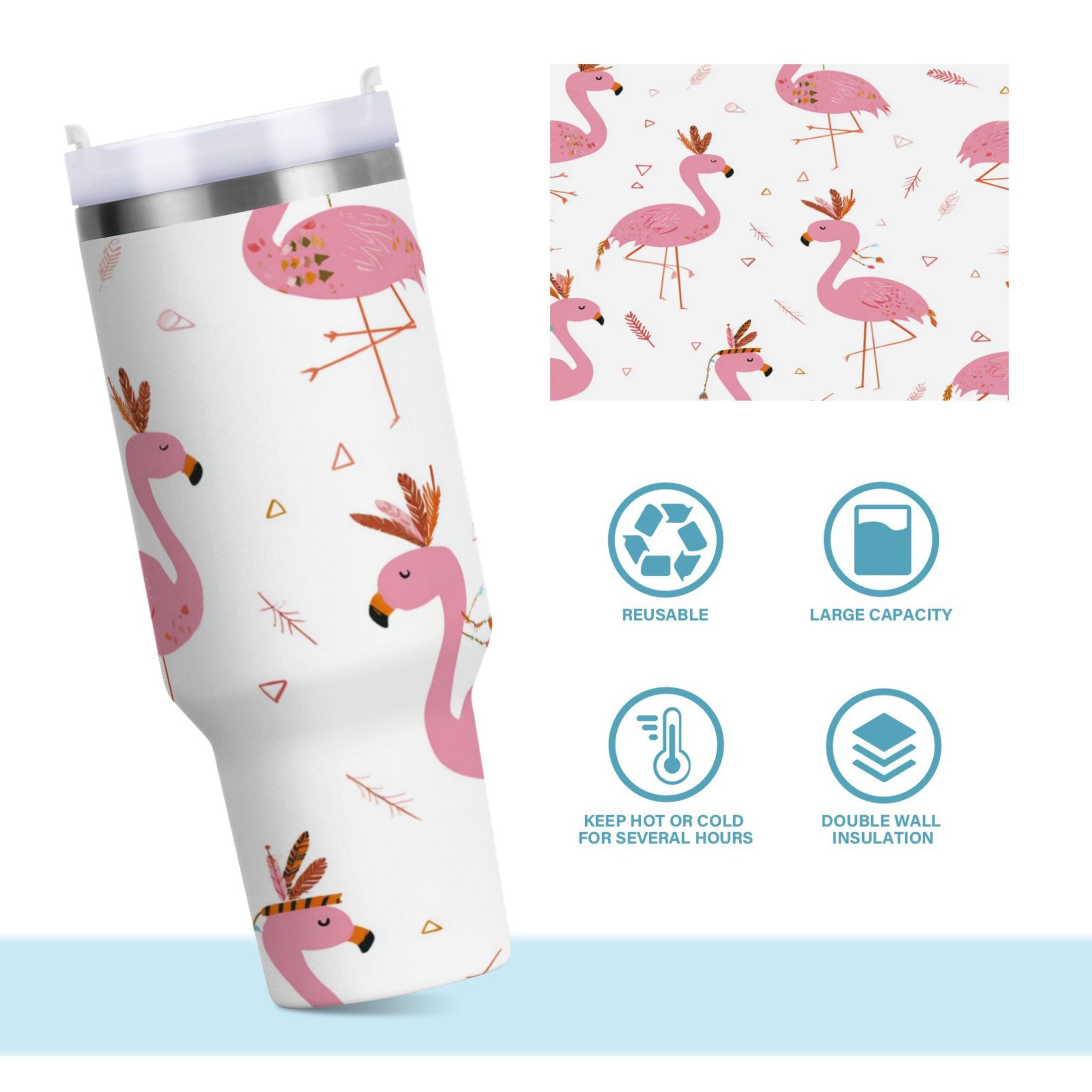 40 oz Insulated Stainless Steel Tumbler Double Wall Stainless Steel Tumbler with 2-Way Drinking Cute Pink Flamingo Pattern - PONW