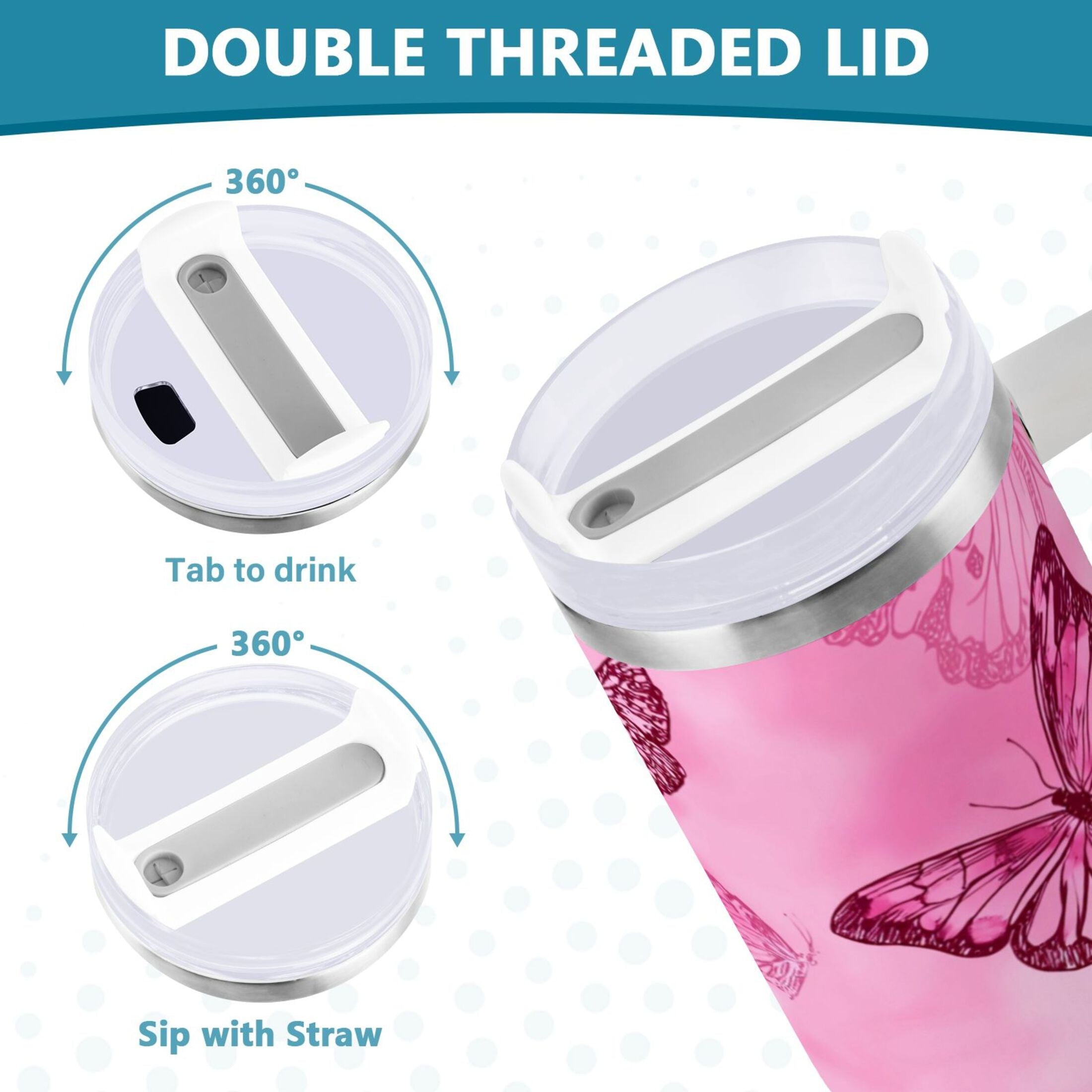 40 oz Insulated Stainless Steel Tumbler Double Wall Stainless Steel Tumbler with 2-Way Drinking Pink Butterfly Pattern - FMB4