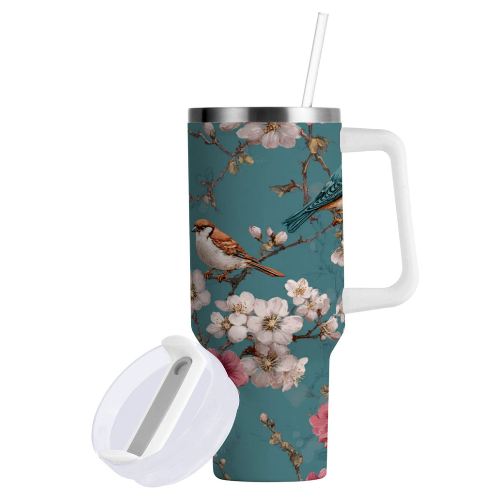30 oz Insulated Stainless Steel Tumbler Double Wall Stainless Steel Tumbler with 2-Way Drinking Birds and Cherry Pattern - I5FV