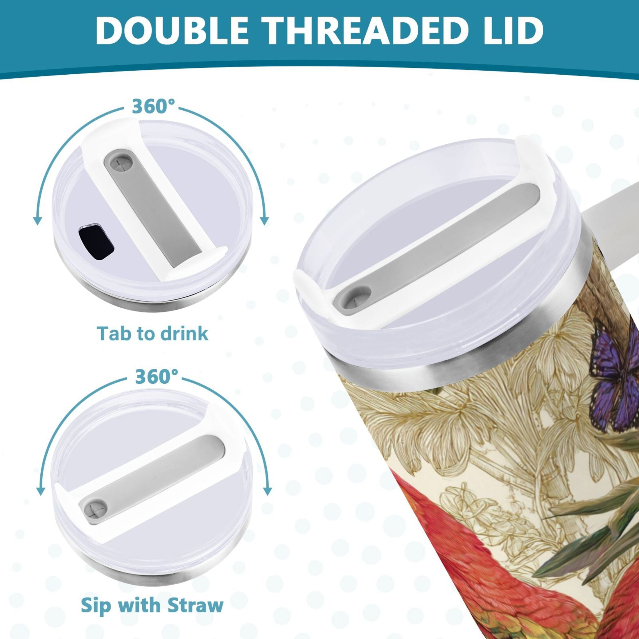 30 oz Insulated Stainless Steel Tumbler Double Wall Stainless Steel Tumbler with 2-Way Drinking Colorful Beautiful Parrots - SJFC