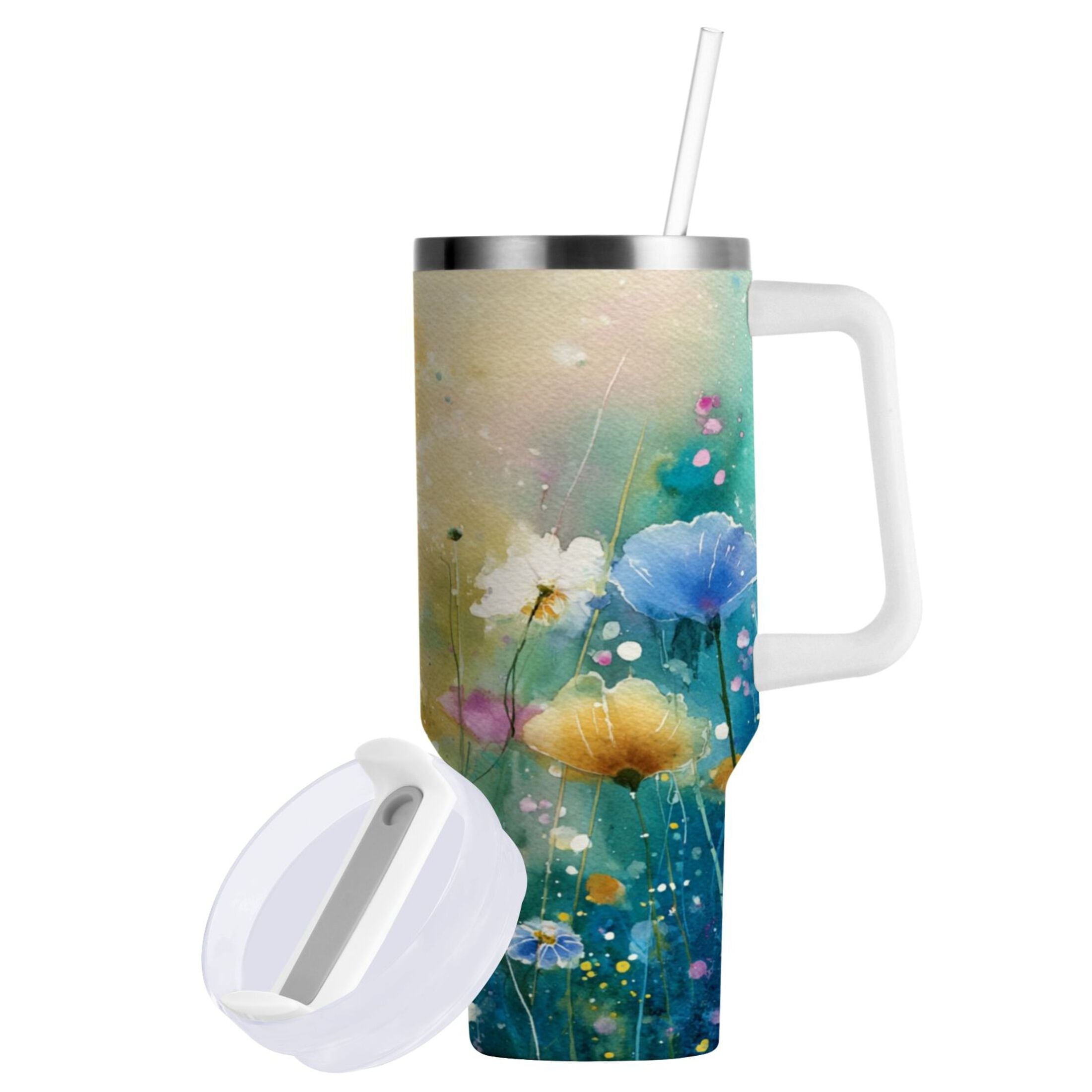 30 oz Insulated Stainless Steel Tumbler Double Wall Stainless Steel Tumbler with 2-Way Drinking Watercolor Wildflowers - IP78