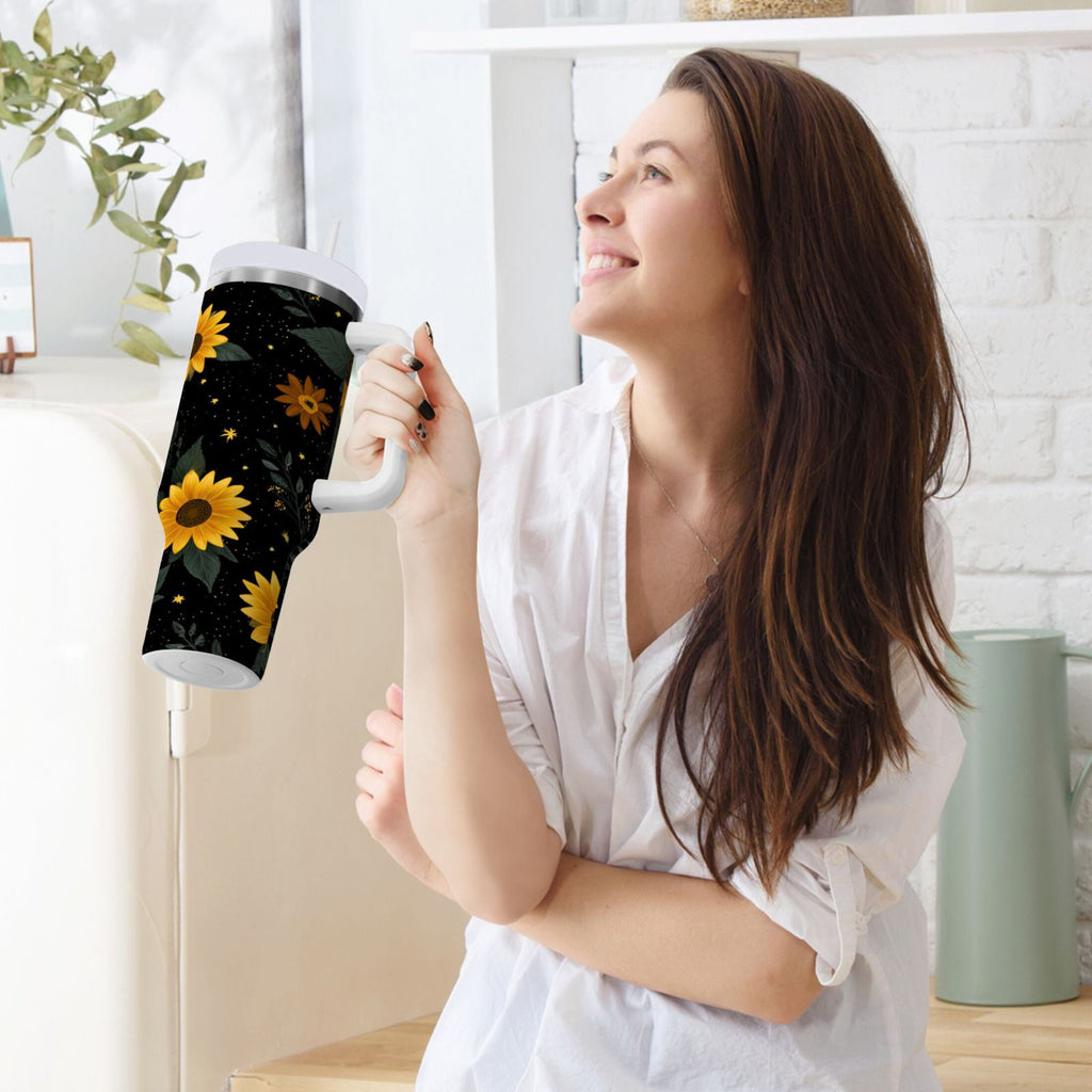 30 oz Insulated Stainless Steel Tumbler Double Wall Stainless Steel Tumbler with 2-Way Drinking Yellow Sunflower Pattern - 65JK