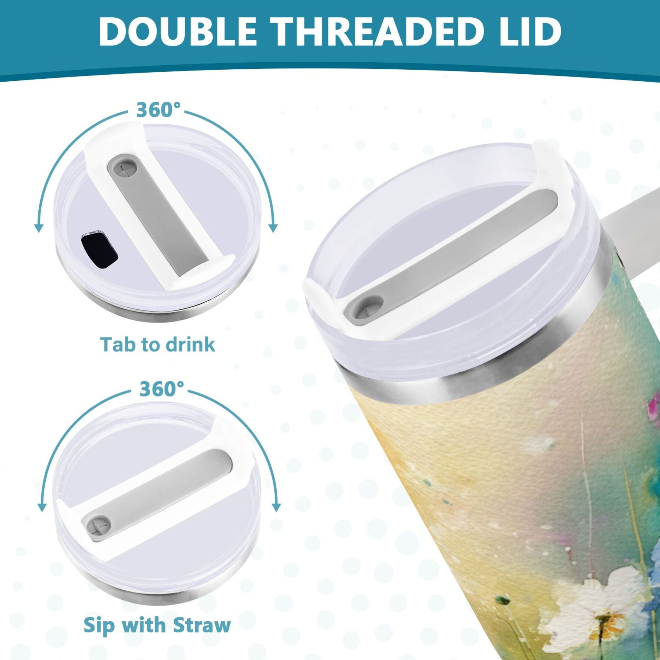 30 oz Insulated Stainless Steel Tumbler Double Wall Stainless Steel Tumbler with 2-Way Drinking Watercolor Wildflowers - IP78
