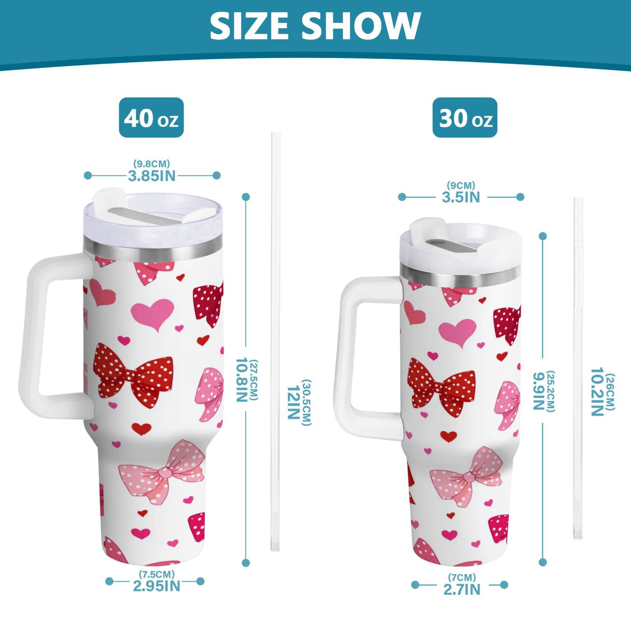 30 oz Insulated Stainless Steel Tumbler Double Wall Stainless Steel Tumbler with 2-Way Drinking Red and Pink Bows - MYYZ