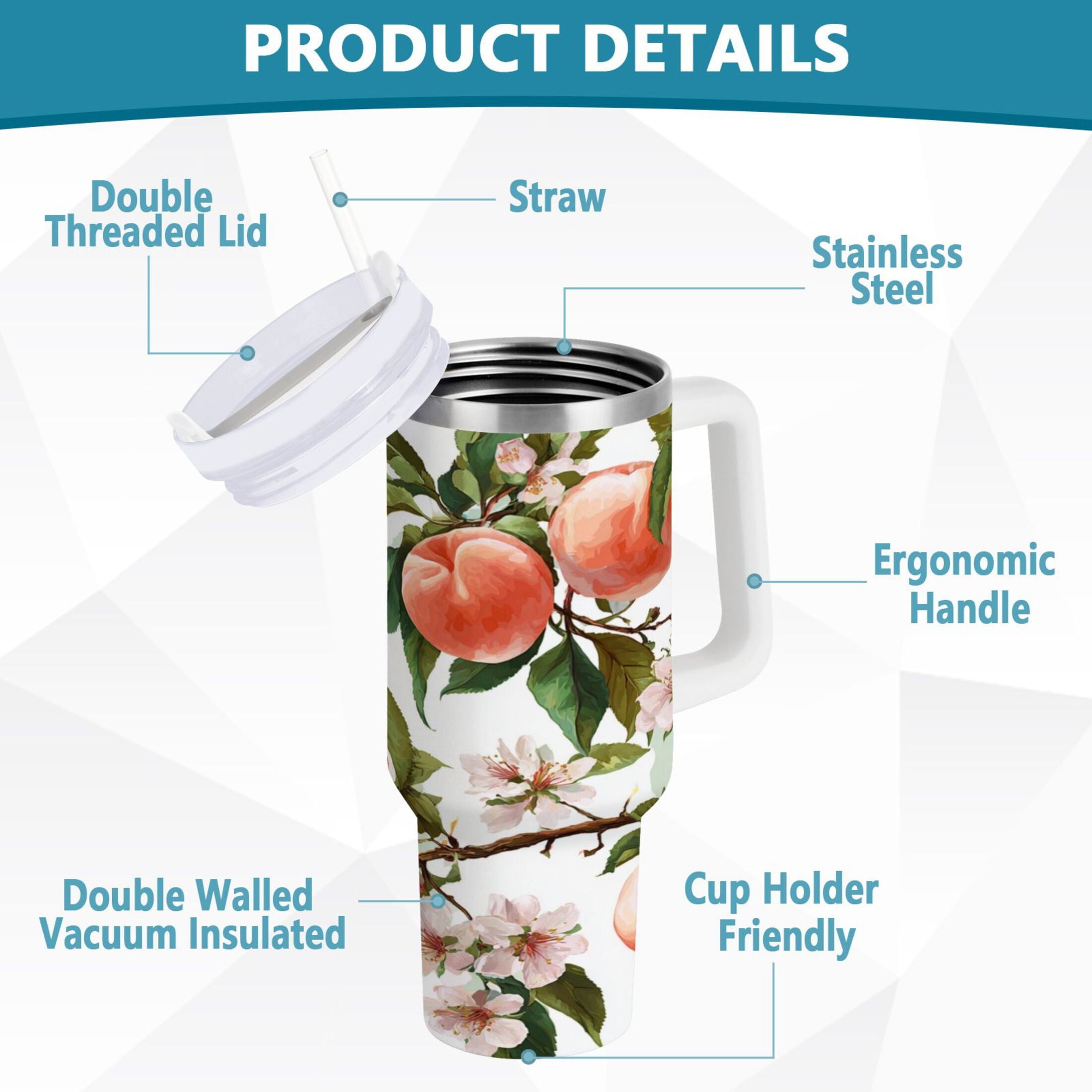 30 oz Insulated Stainless Steel Tumbler Double Wall Stainless Steel Tumbler with 2-Way Drinking Peach Fruit Pattern - ZPM5