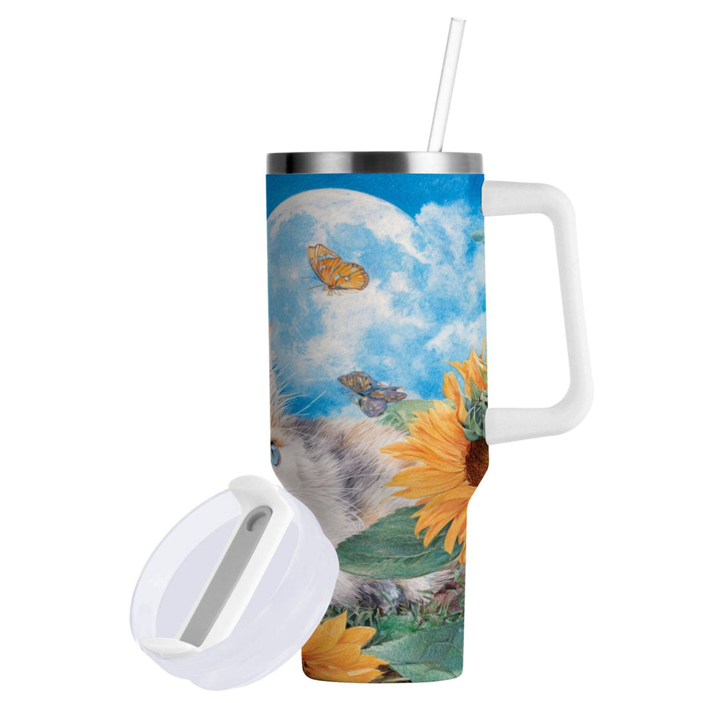 40 oz Insulated Stainless Steel Tumbler Double Wall Stainless Steel Tumbler with 2-Way Drinking Playful Cat Lying Sunflowers - DSLP
