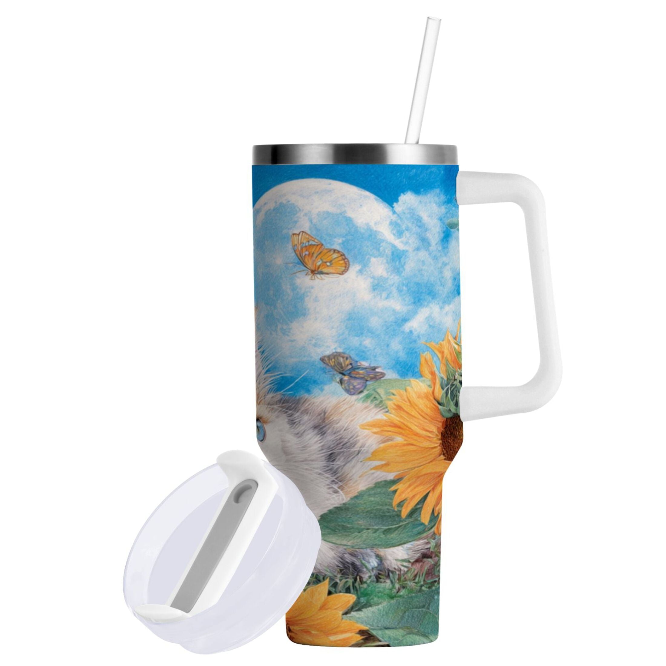 40 oz Insulated Stainless Steel Tumbler Double Wall Stainless Steel Tumbler with 2-Way Drinking Playful Cat Lying Sunflowers - DSLP