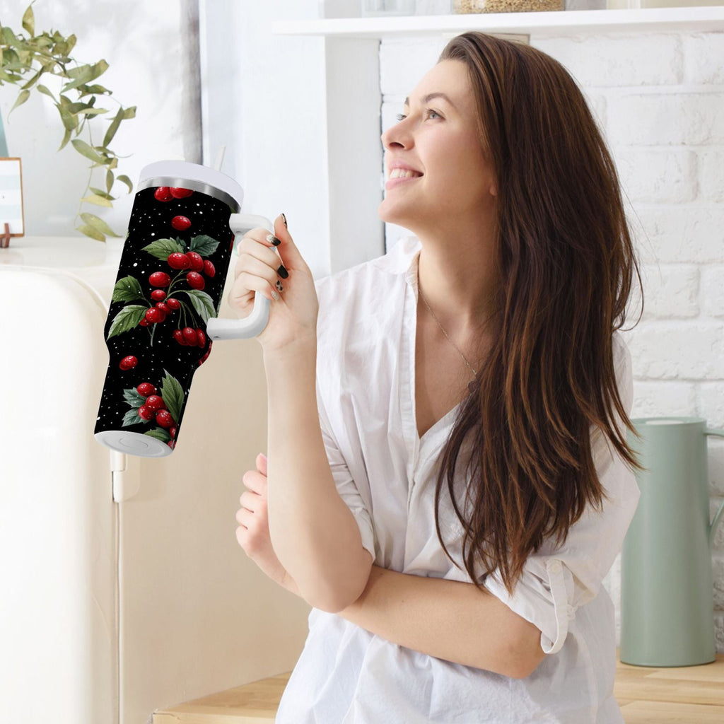 40 oz Insulated Stainless Steel Tumbler Double Wall Stainless Steel Tumbler with 2-Way Drinking Red Holly Berries Pattern - 130P