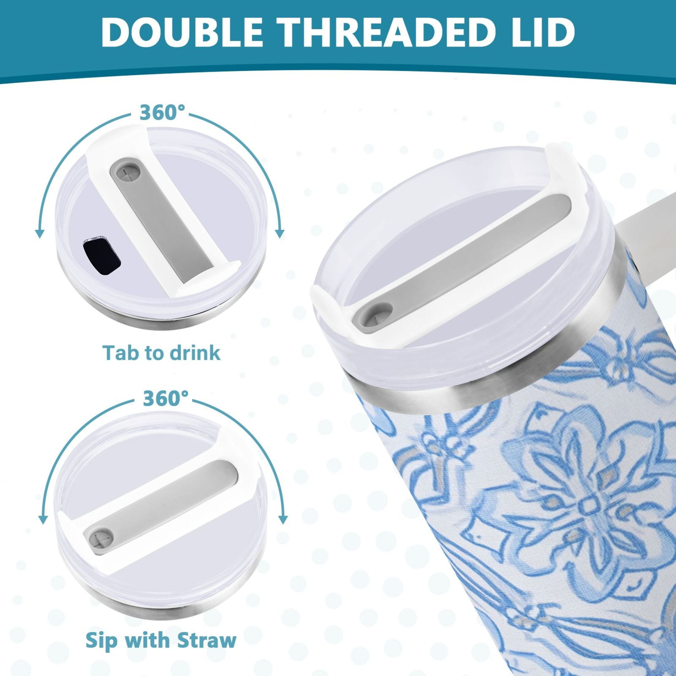 30 oz Insulated Stainless Steel Tumbler Double Wall Stainless Steel Tumbler with 2-Way Drinking Blue Elegant Geometric Design - NFJB