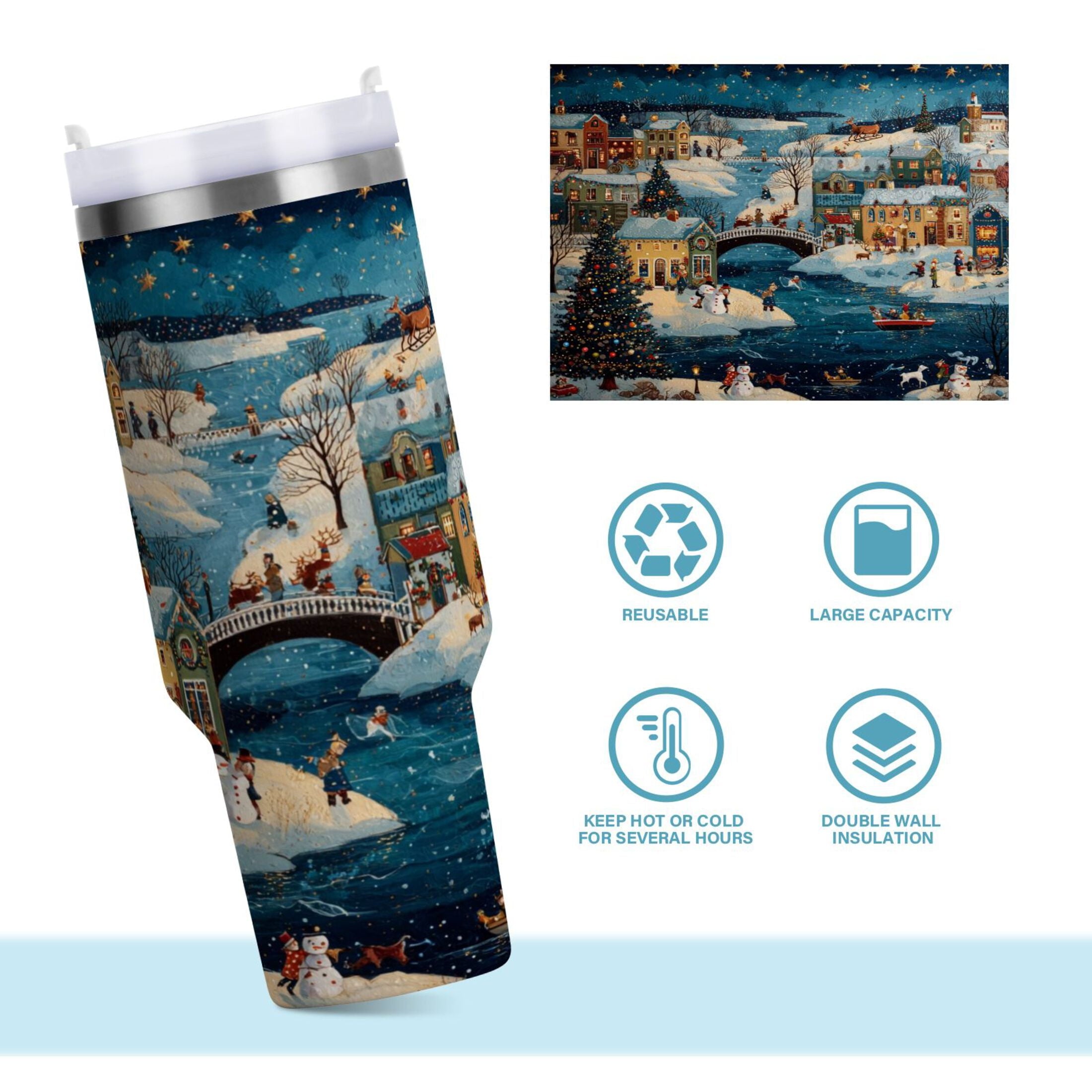 30 oz Insulated Stainless Steel Tumbler Double Wall Stainless Steel Tumbler with 2-Way Drinking Whimsical Christmas Scene - 3D9Z