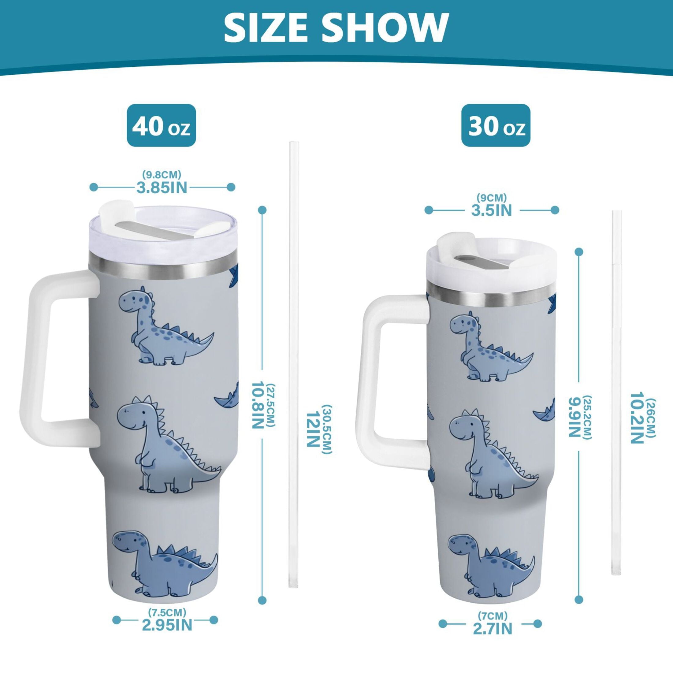 30 oz Insulated Stainless Steel Tumbler Double Wall Stainless Steel Tumbler with 2-Way Drinking Cute Blue Dinosaurs - LQ4P
