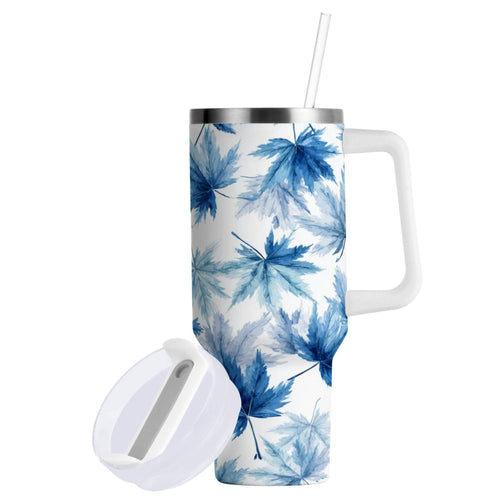 30 oz Insulated Stainless Steel Tumbler Double Wall Stainless Steel Tumbler with 2-Way Drinking Abstract Blue Maple Leaves - AHC6