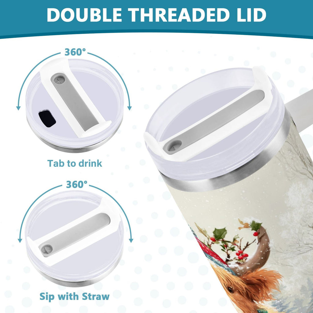 30 oz Insulated Stainless Steel Tumbler Double Wall Stainless Steel Tumbler with 2-Way Drinking Cow Wearing Christmas Hat - QIV6