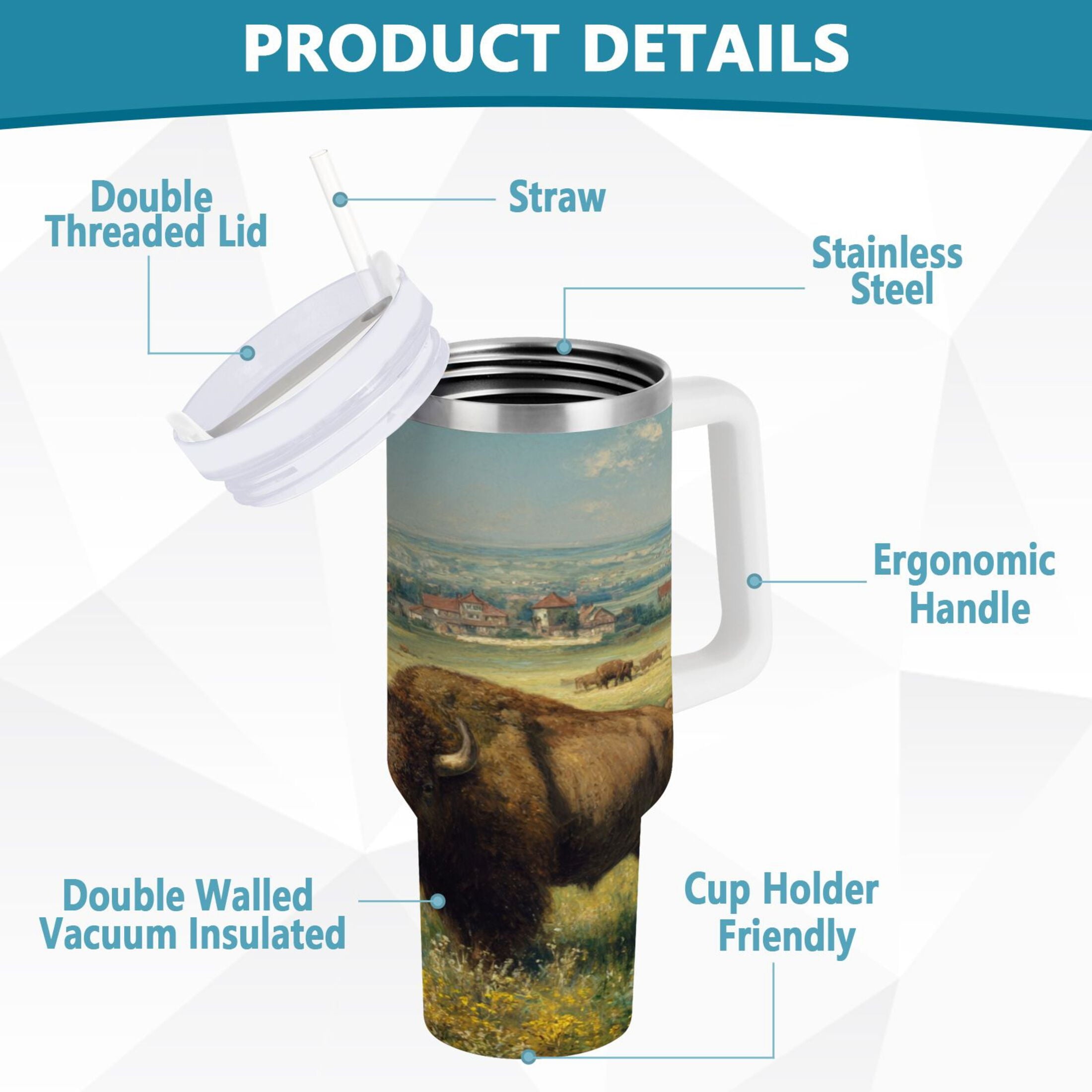 30 oz Insulated Stainless Steel Tumbler Double Wall Stainless Steel Tumbler with 2-Way Drinking Buffalo Herd Oil Painting - 5334