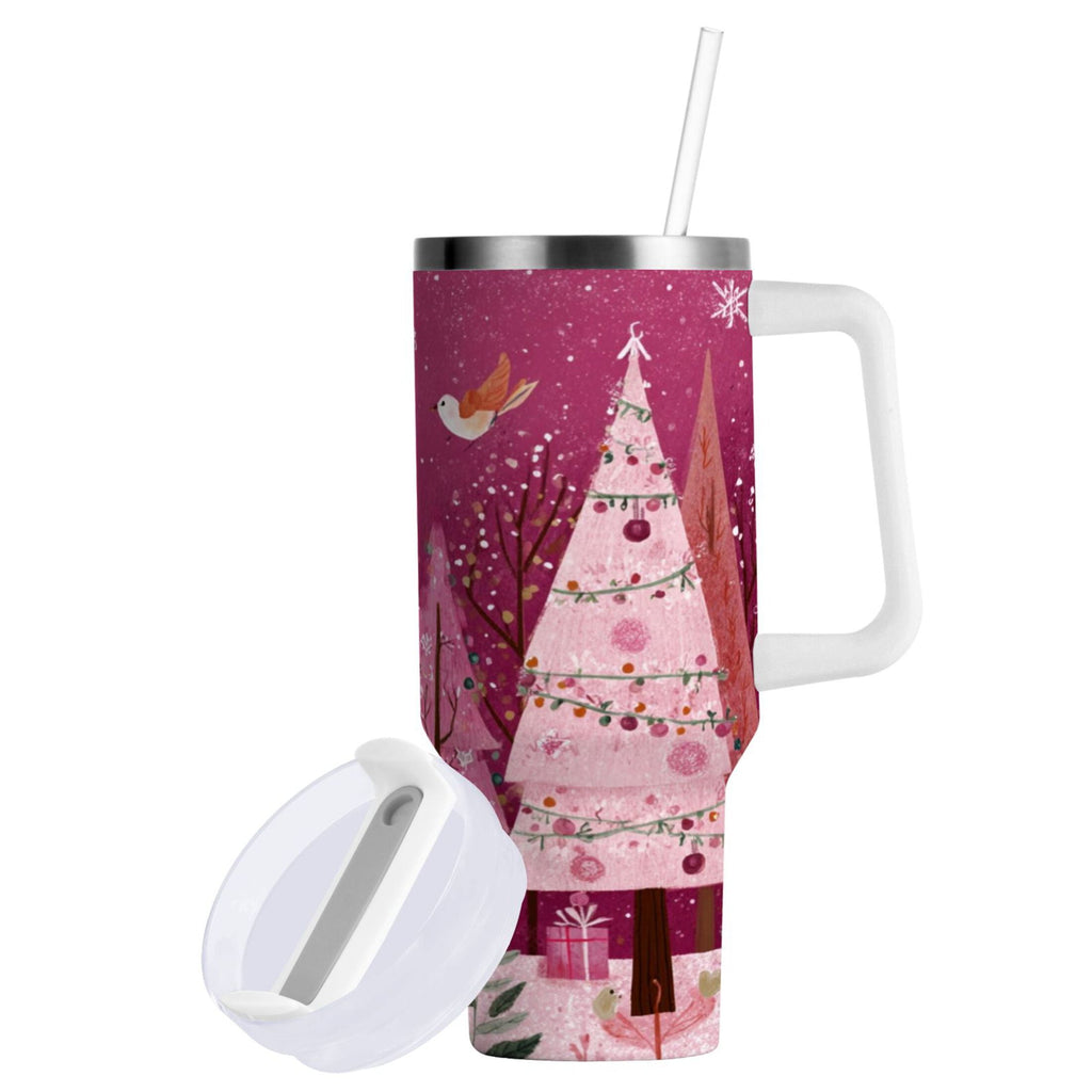 40 oz Insulated Stainless Steel Tumbler Double Wall Stainless Steel Tumbler with 2-Way Drinking Pink Christmas Forest - CEY3