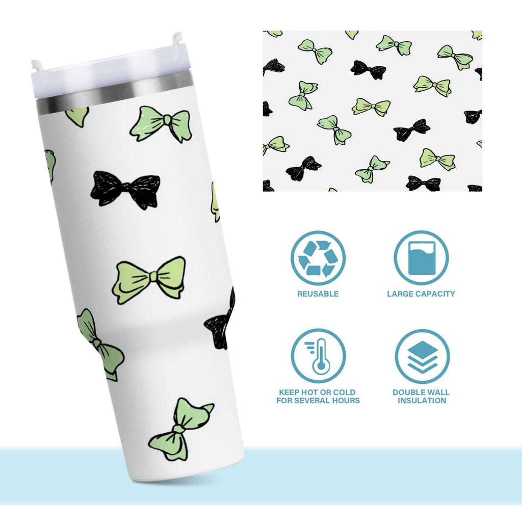 40 oz Insulated Stainless Steel Tumbler Double Wall Stainless Steel Tumbler with 2-Way Drinking Green and Black Bows - YM13