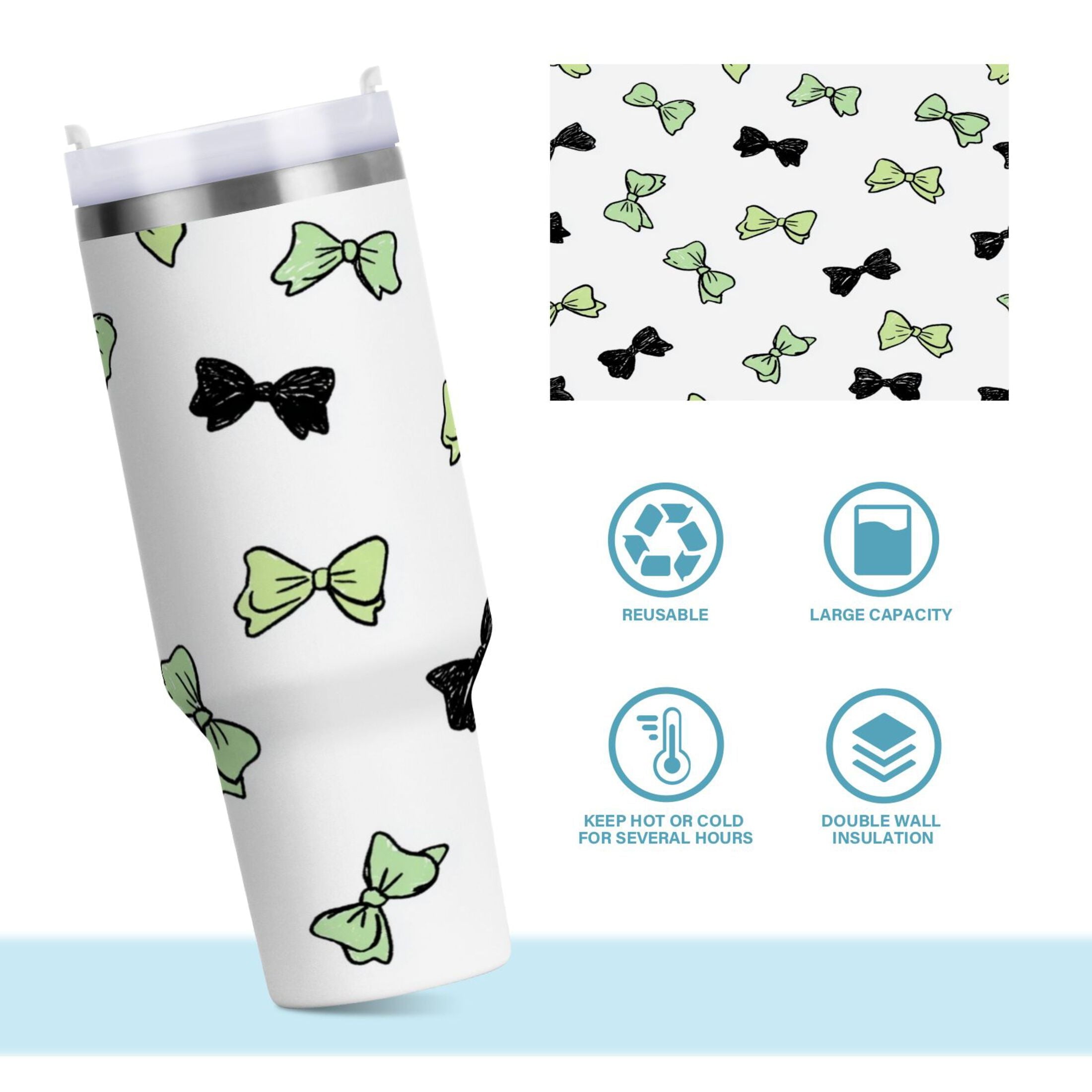 40 oz Insulated Stainless Steel Tumbler Double Wall Stainless Steel Tumbler with 2-Way Drinking Green and Black Bows - YM13