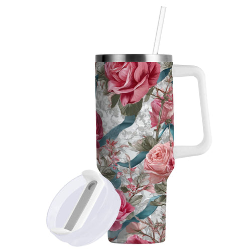 30 oz Insulated Stainless Steel Tumbler Double Wall Stainless Steel Tumbler with 2-Way Drinking Roses and Ribbons - 75RK