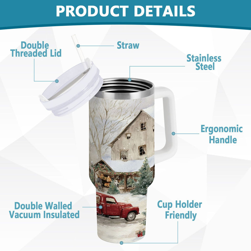 40 oz Insulated Stainless Steel Tumbler Double Wall Stainless Steel Tumbler with 2-Way Drinking Farm Snow Scene - M2B0