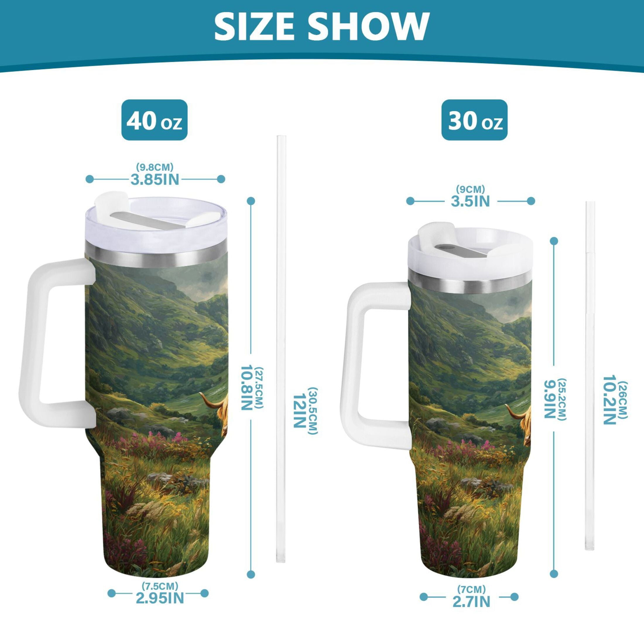 30 oz Insulated Stainless Steel Tumbler Double Wall Stainless Steel Tumbler with 2-Way Drinking Cow in Green Rolling Hills - WSHG