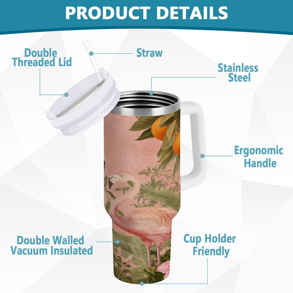 40 oz Insulated Stainless Steel Tumbler Double Wall Stainless Steel Tumbler with 2-Way Drinking Flamingos in Tropical Garden - YBT5