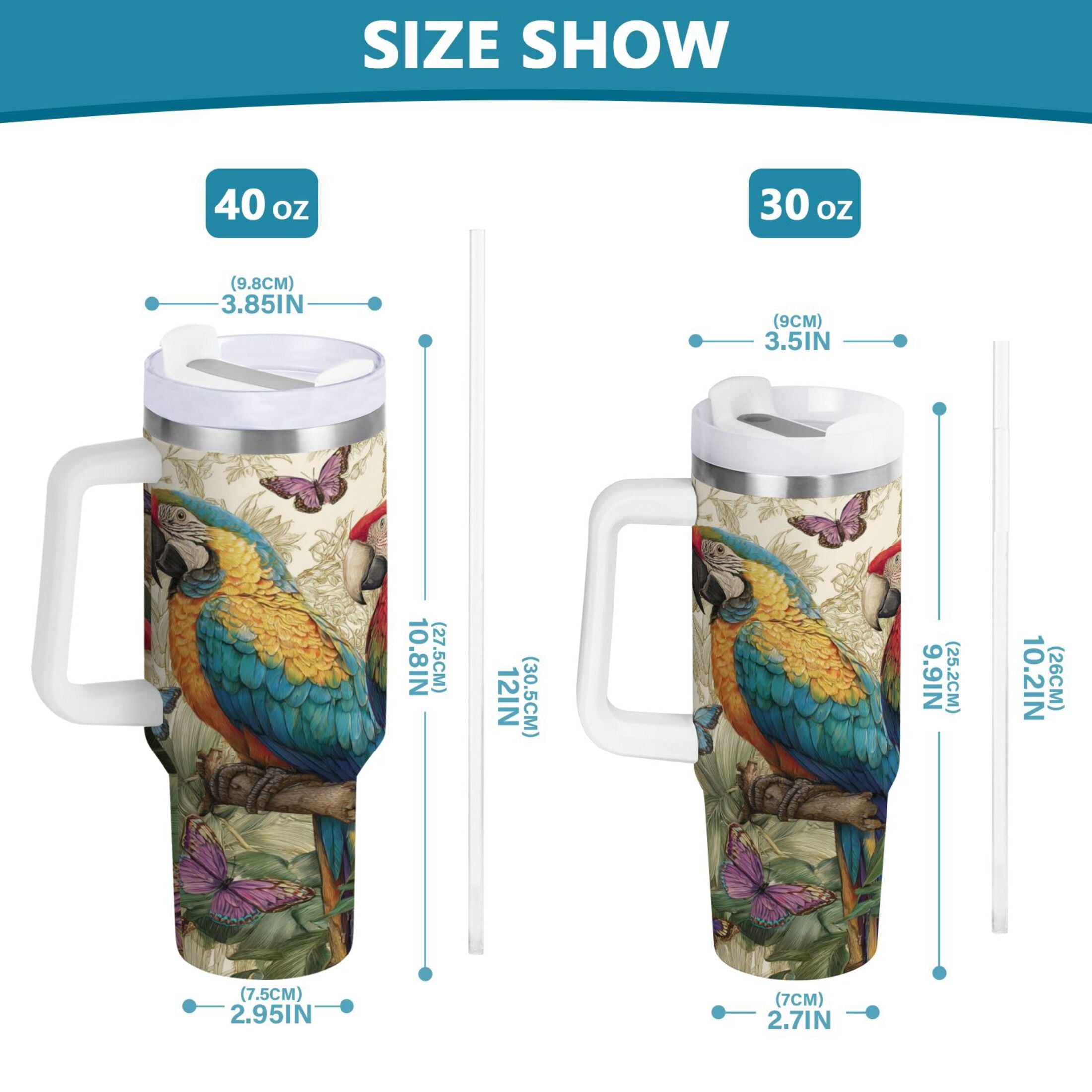 30 oz Insulated Stainless Steel Tumbler Double Wall Stainless Steel Tumbler with 2-Way Drinking Colorful Beautiful Parrots - SJFC
