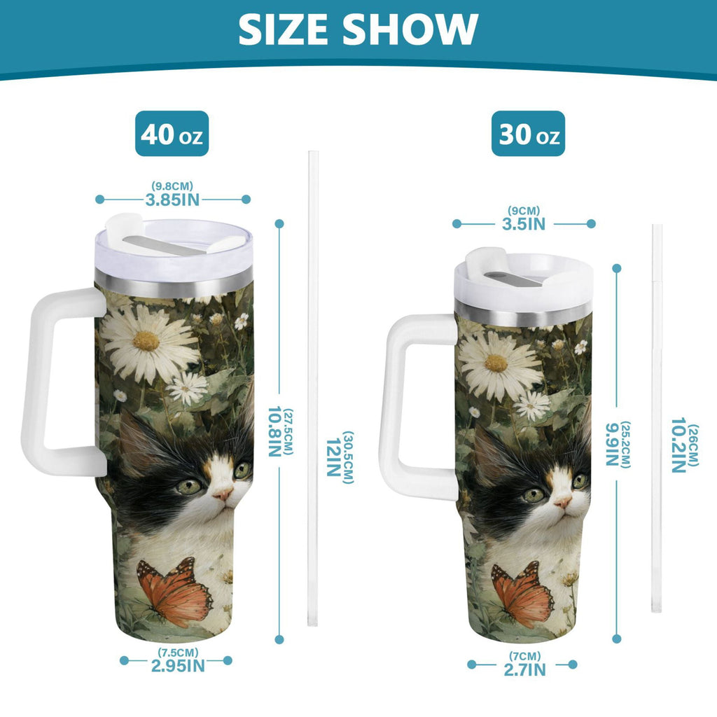 30 oz Insulated Stainless Steel Tumbler Double Wall Stainless Steel Tumbler with 2-Way Drinking Adorable Cats and Daisies - NPCU