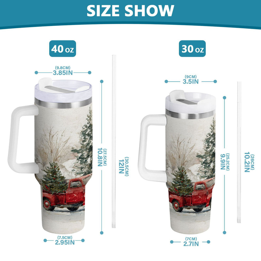 30 oz Insulated Stainless Steel Tumbler Double Wall Stainless Steel Tumbler with 2-Way Drinking Truck with Christmas Decorations - F1JV