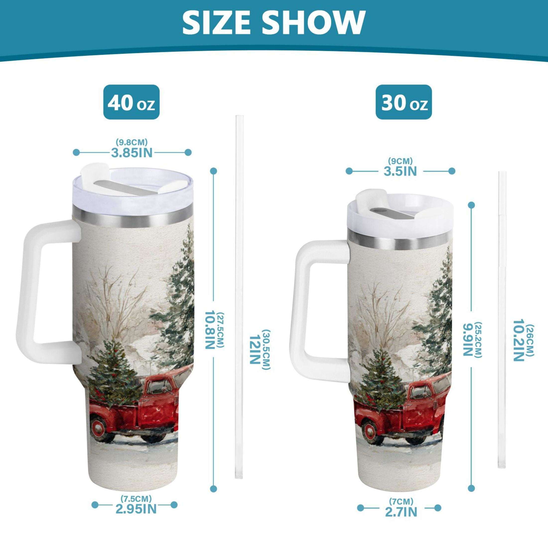 30 oz Insulated Stainless Steel Tumbler Double Wall Stainless Steel Tumbler with 2-Way Drinking Truck with Christmas Decorations - F1JV