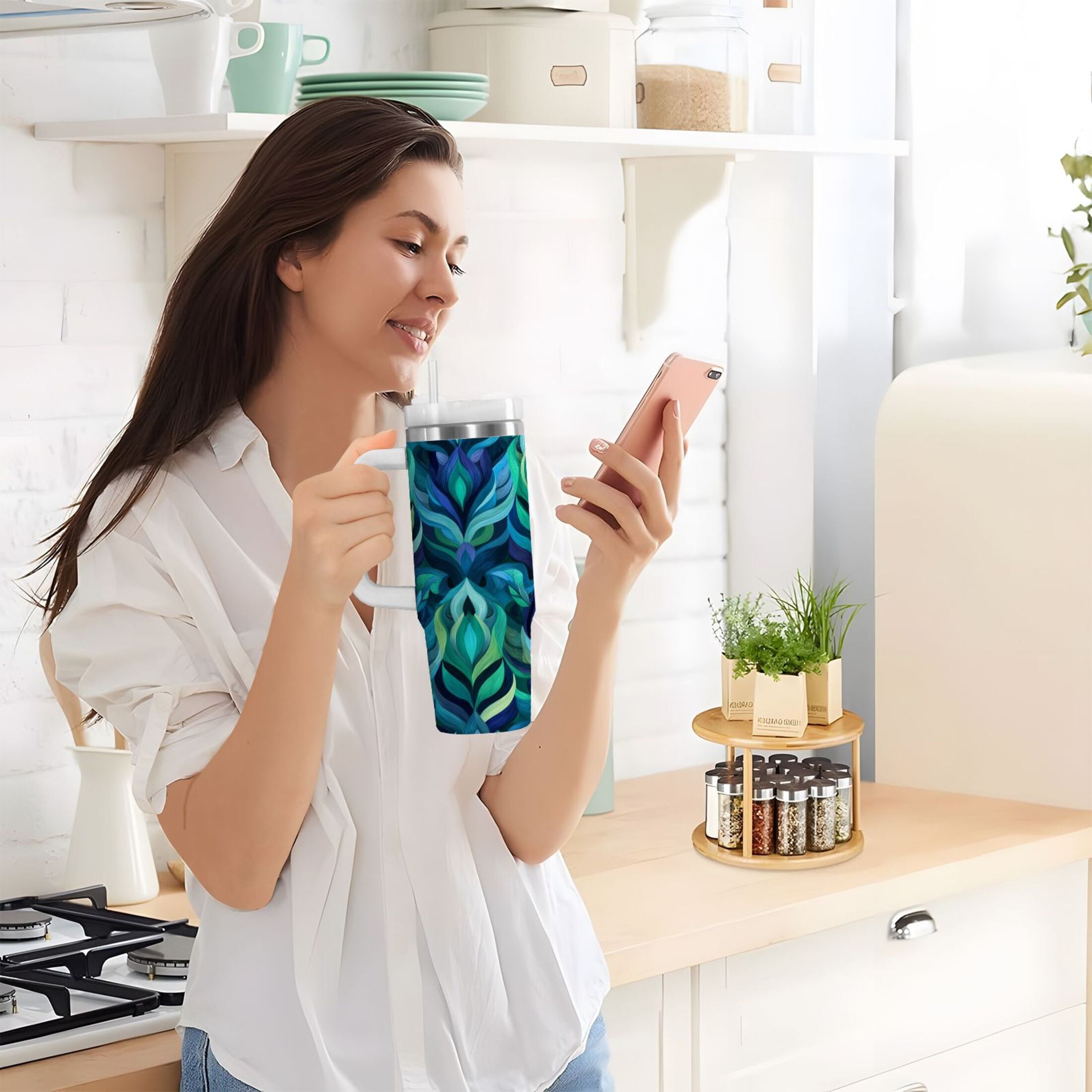 40 oz Insulated Stainless Steel Tumbler Double Wall Stainless Steel Tumbler with 2-Way Drinking Elegant Blue Abstract Shapes - FWFT