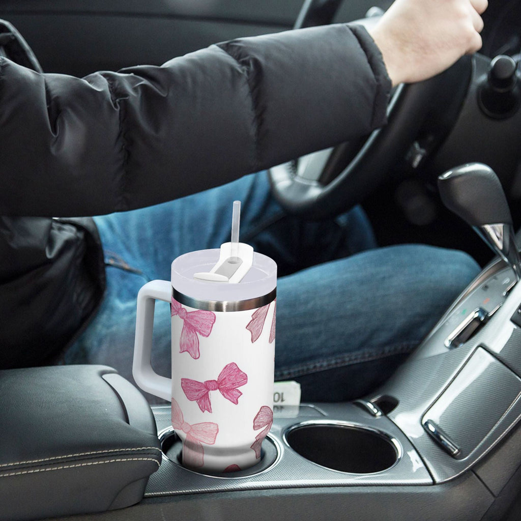 40 oz Insulated Stainless Steel Tumbler Double Wall Stainless Steel Tumbler with 2-Way Drinking Pink Bows Pattern - BKLS