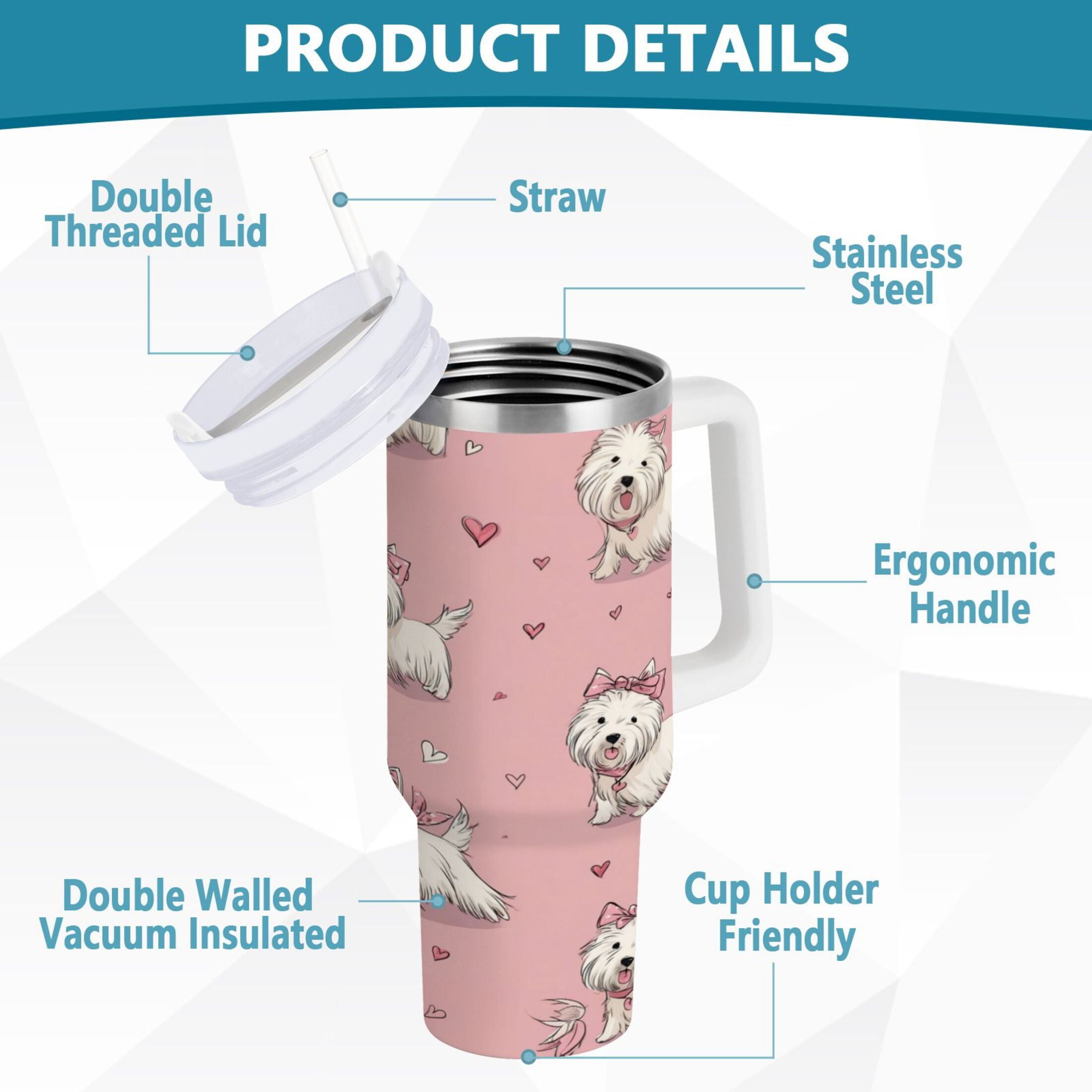 30 oz Insulated Stainless Steel Tumbler Double Wall Stainless Steel Tumbler with 2-Way Drinking Dogs Wearing Bows - IQAN