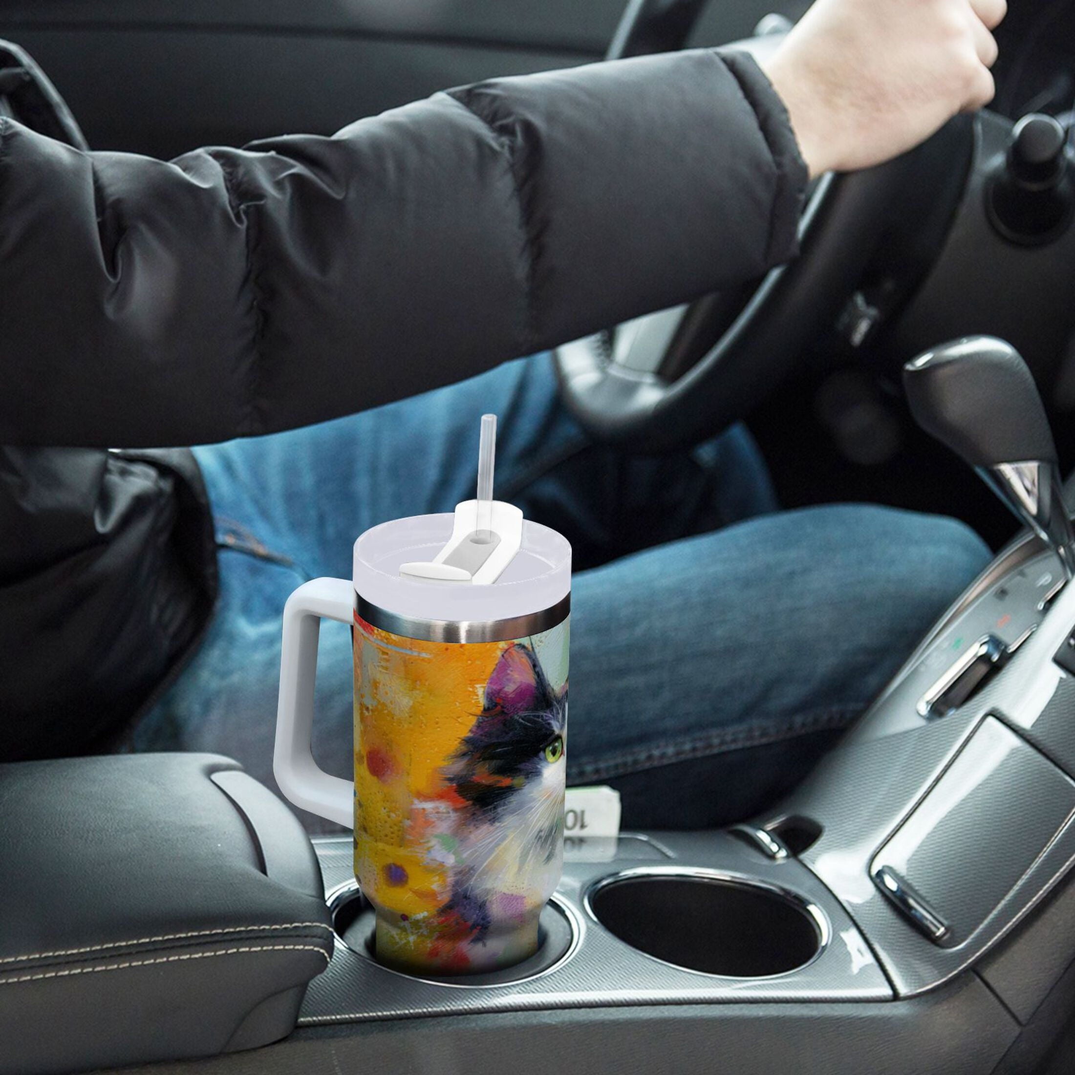 30 oz Insulated Stainless Steel Tumbler Double Wall Stainless Steel Tumbler with 2-Way Drinking Charming Hairy Cat - S3VA