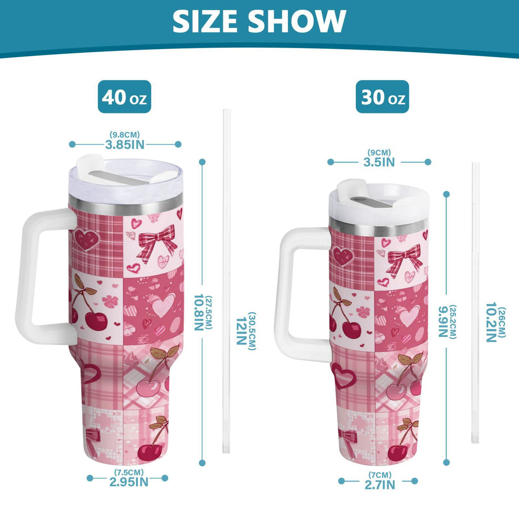 30 oz Insulated Stainless Steel Tumbler Double Wall Stainless Steel Tumbler with 2-Way Drinking Cherry Pattern with Bows - DQ2J