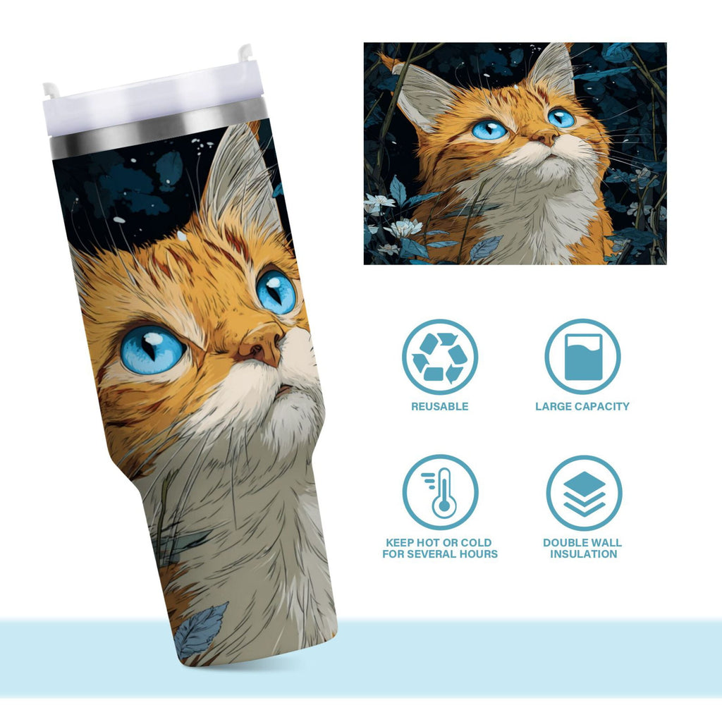 30 oz Insulated Stainless Steel Tumbler Double Wall Stainless Steel Tumbler with 2-Way Drinking Orange Cat with Blue Eyes - PSJO