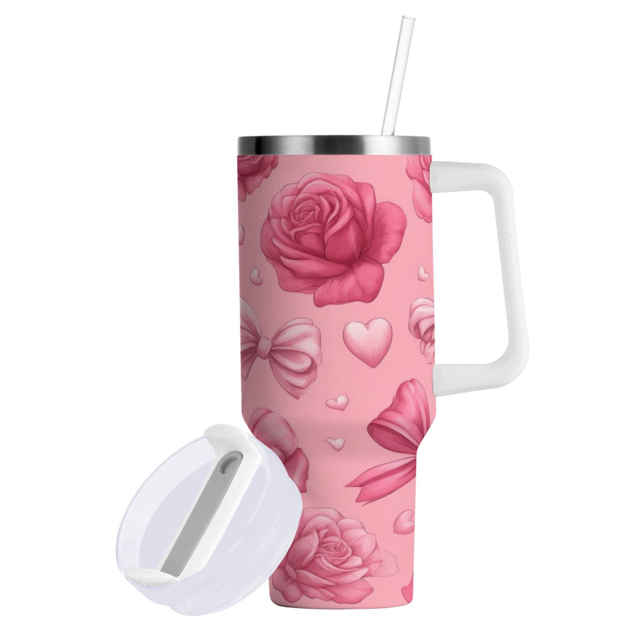 40 oz Insulated Stainless Steel Tumbler Double Wall Stainless Steel Tumbler with 2-Way Drinking Roses and Bows Pattern - 1B4R